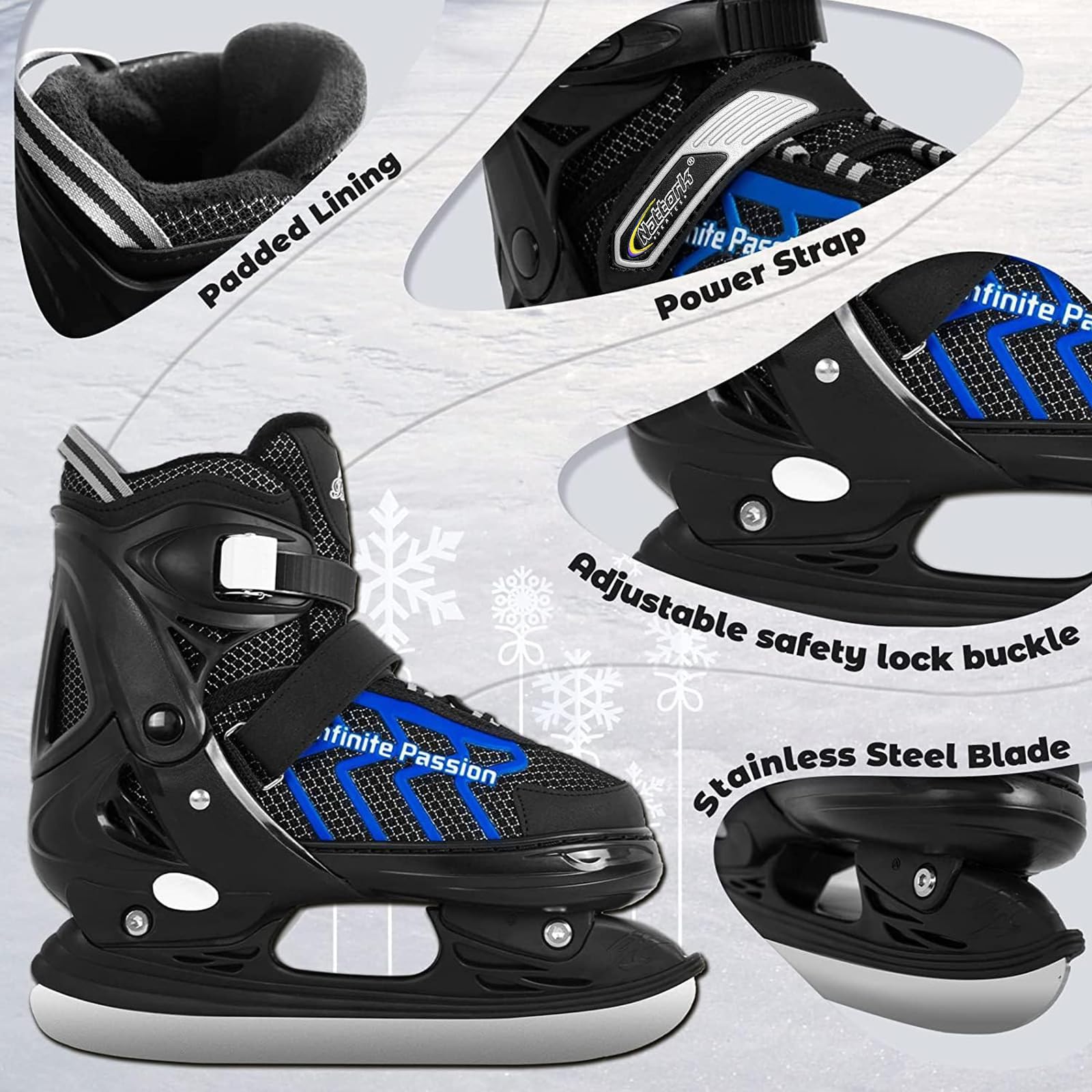 Nattork Adjustable Kids Ice Hockey Skates – Warm Padding & Ankle Support