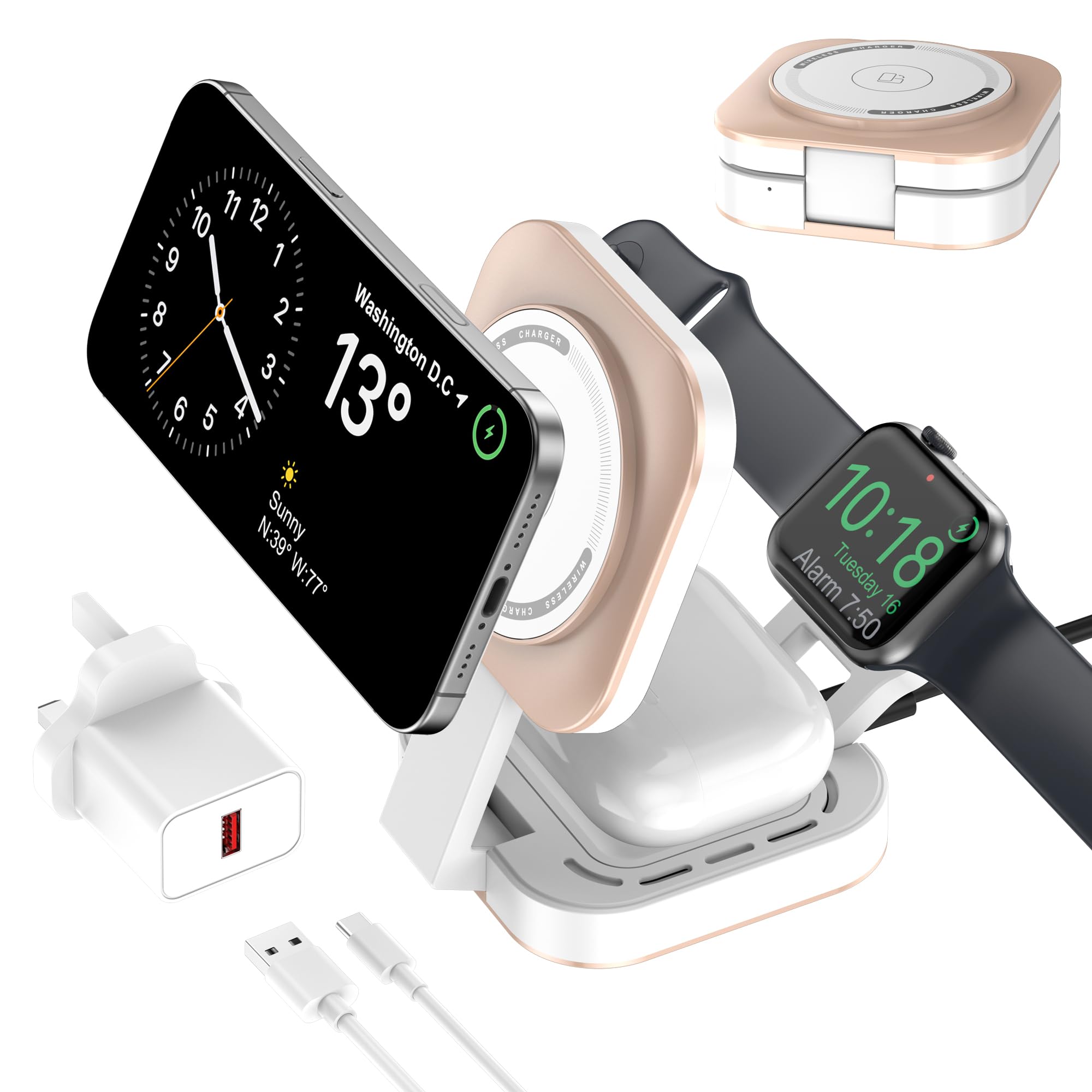 3-in-1 Foldable Magsafe Wireless Charging Station - Golden