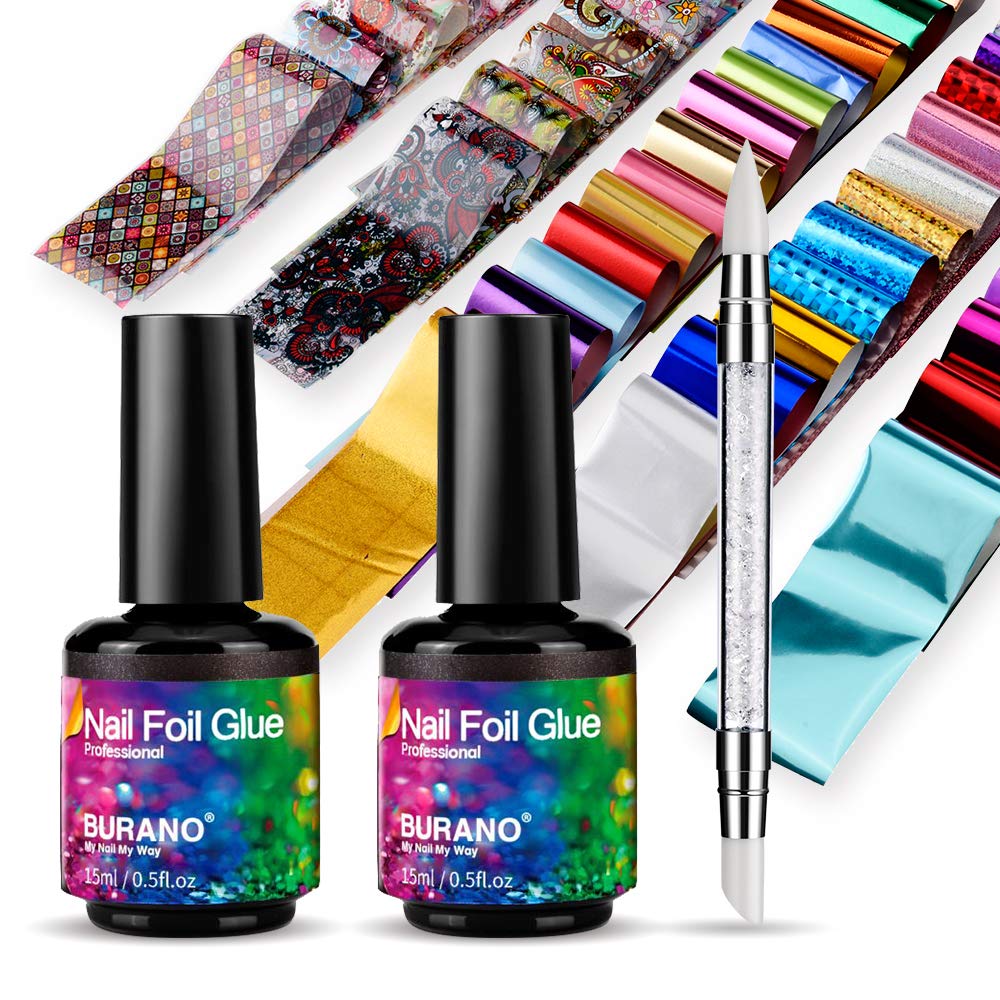 BURANO Nail Art Foil Glue Gel Kit | 2 Bottles with 60 Foil Stickers