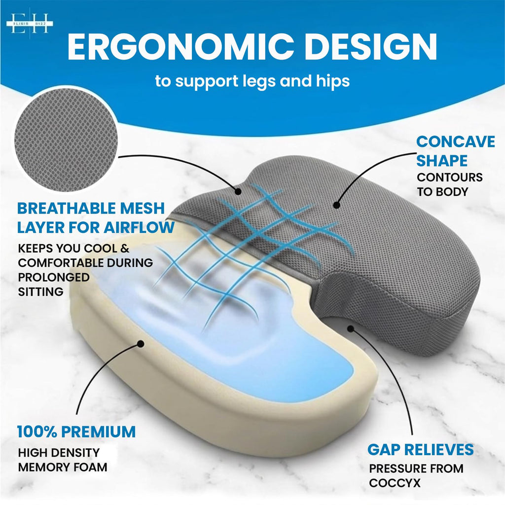 ELIXIR HIVE 2-Piece Orthopaedic Memory Foam Cushion Set – Coccyx & Sciatica Support Grey