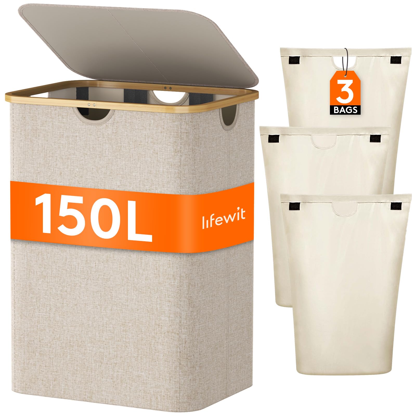 Lifewit 150L Laundry Basket with Lid | 3-Section Hamper with Bamboo Handles