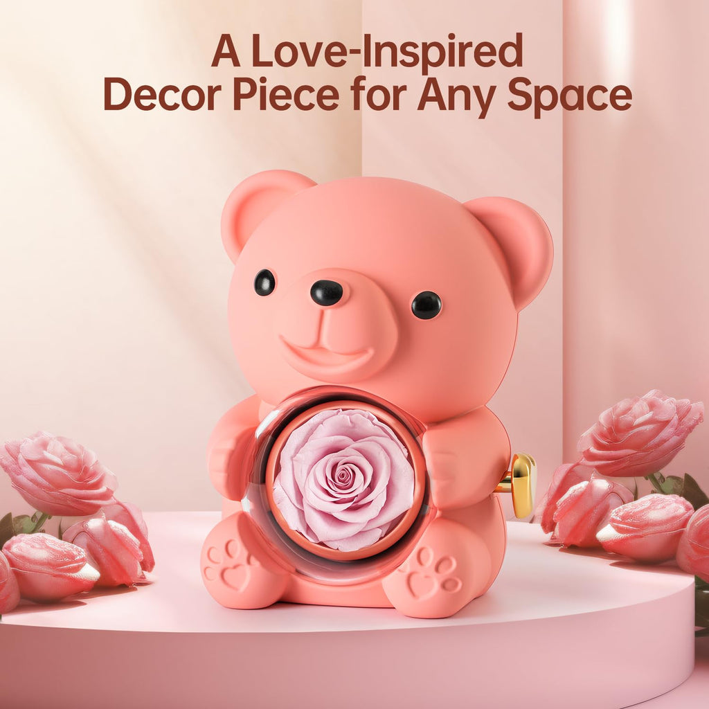 Ariceleo Pink Teddy Bear with Preserved Rose and Heart Necklace