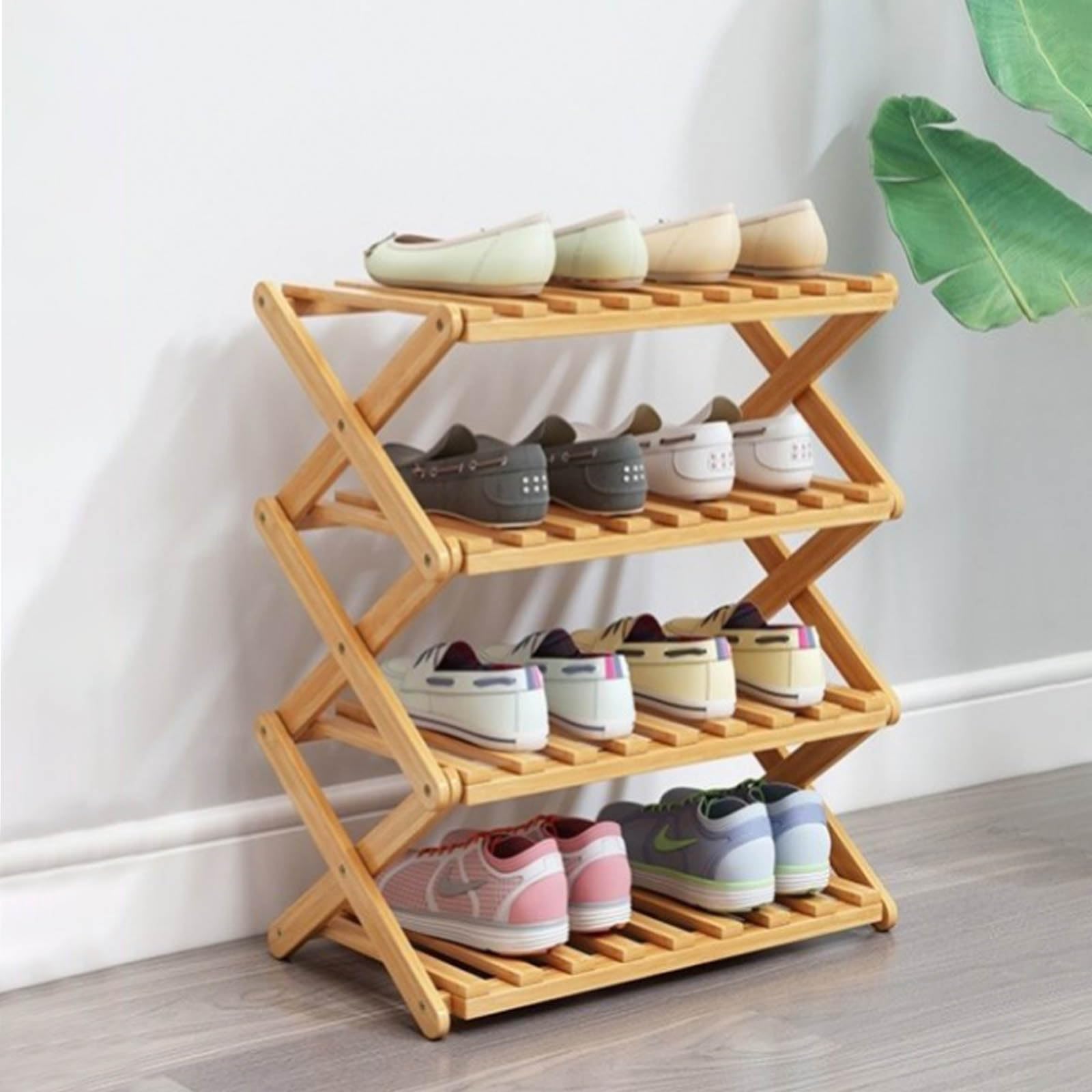 Glsety 4 Tier Bamboo Shoe Rack – Foldable No-Assembly Storage Organizer