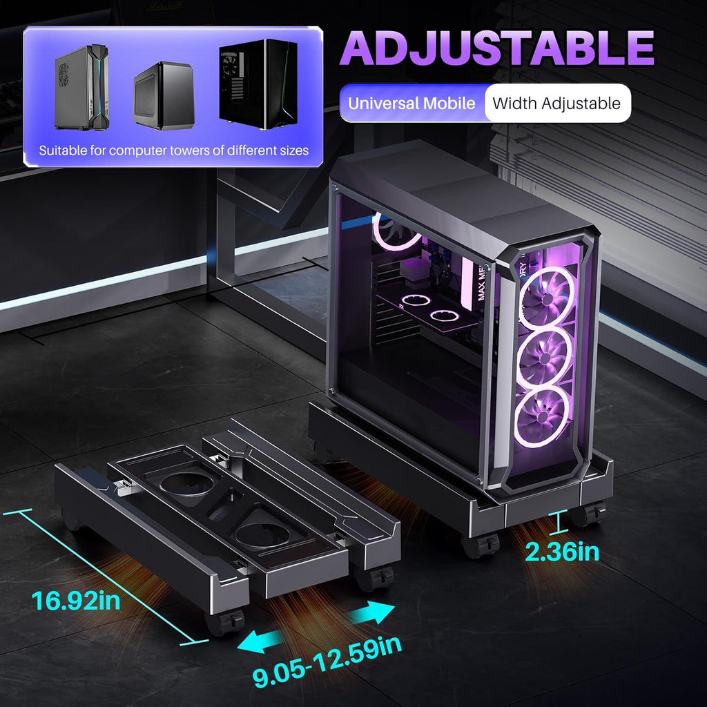 Pc Stand with Fan, Adjustable computer tower stand, Cpu Stand with 4 Rolling Caster Wheels,Fits Most PC Under Desk-Black - image 2