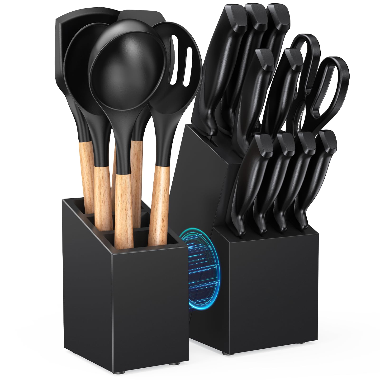 ACOQOOS 18-Piece Kitchen Knife Set with Silicone Utensils and Block
