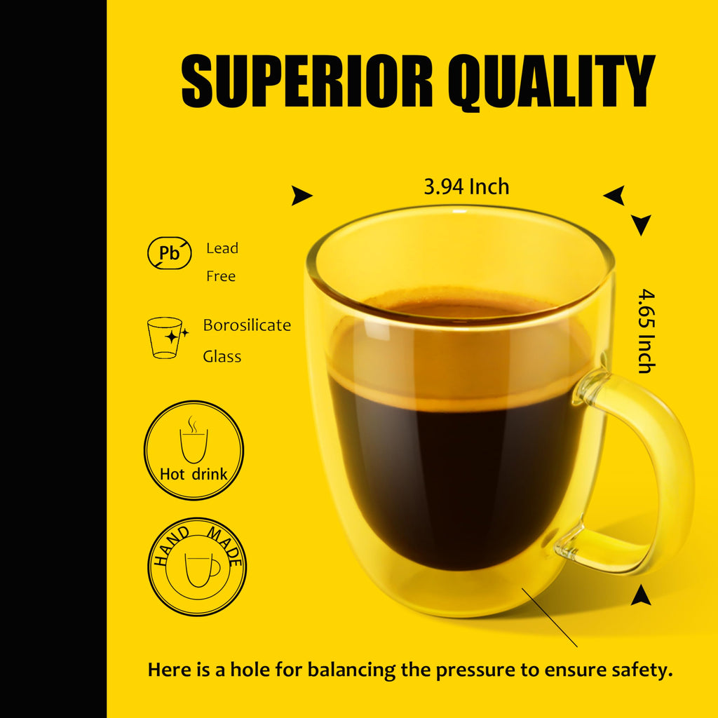 PunPun Double Wall Glass Coffee Mugs – Set of 4 Insulated Clear Cups