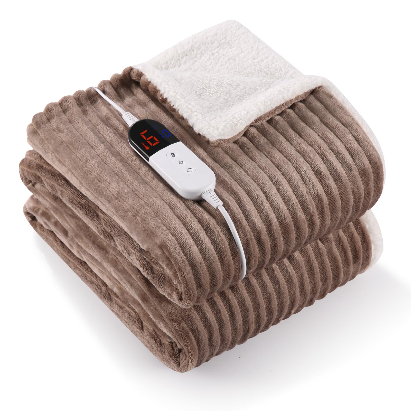 CURECURE Electric Heated Blanket – Ribbed Flannel & Sherpa Throw, 180x130cm