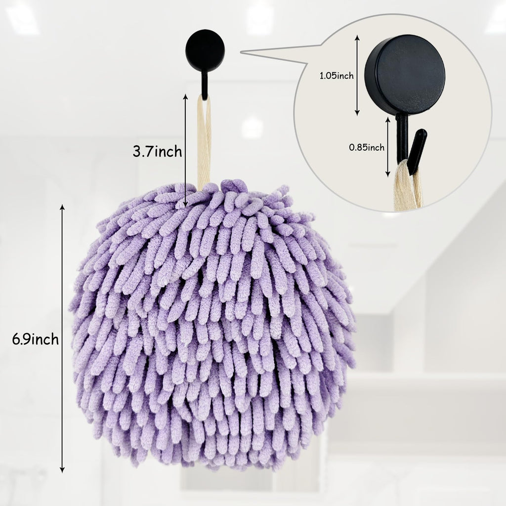 Fuzzy Ball Hand Towels, Set of 2, Chenille Quick Dry, 6.9inchPurple