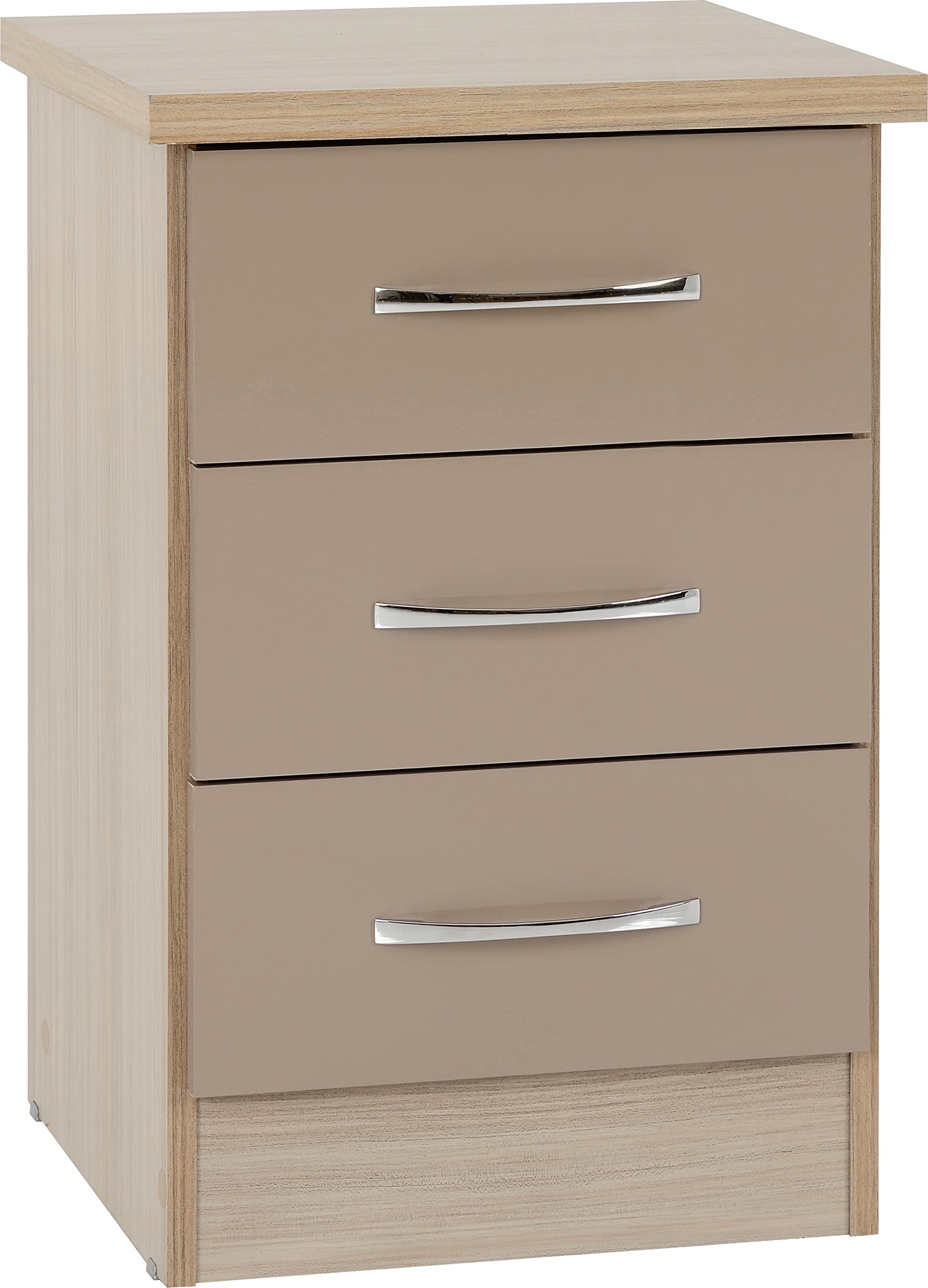 Seconique Nevada 3 Drawer Bedside Table - Oyster Gloss & Light Oak
