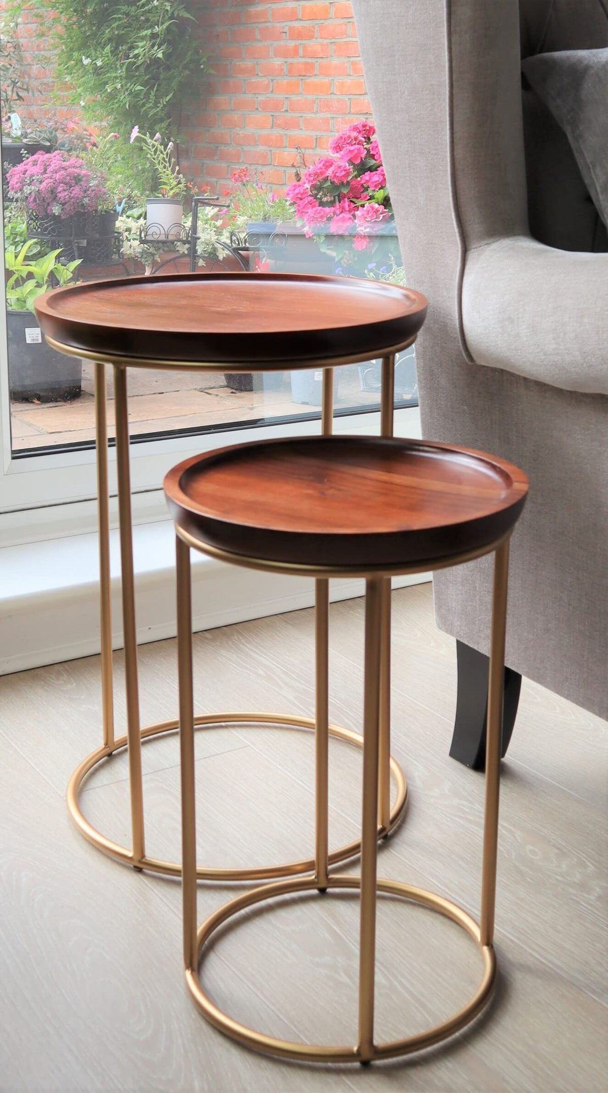 ASPECT Delphyne Wooden Round Nest Of 2 Tables With Metal Legs Brown/Gold - image 2