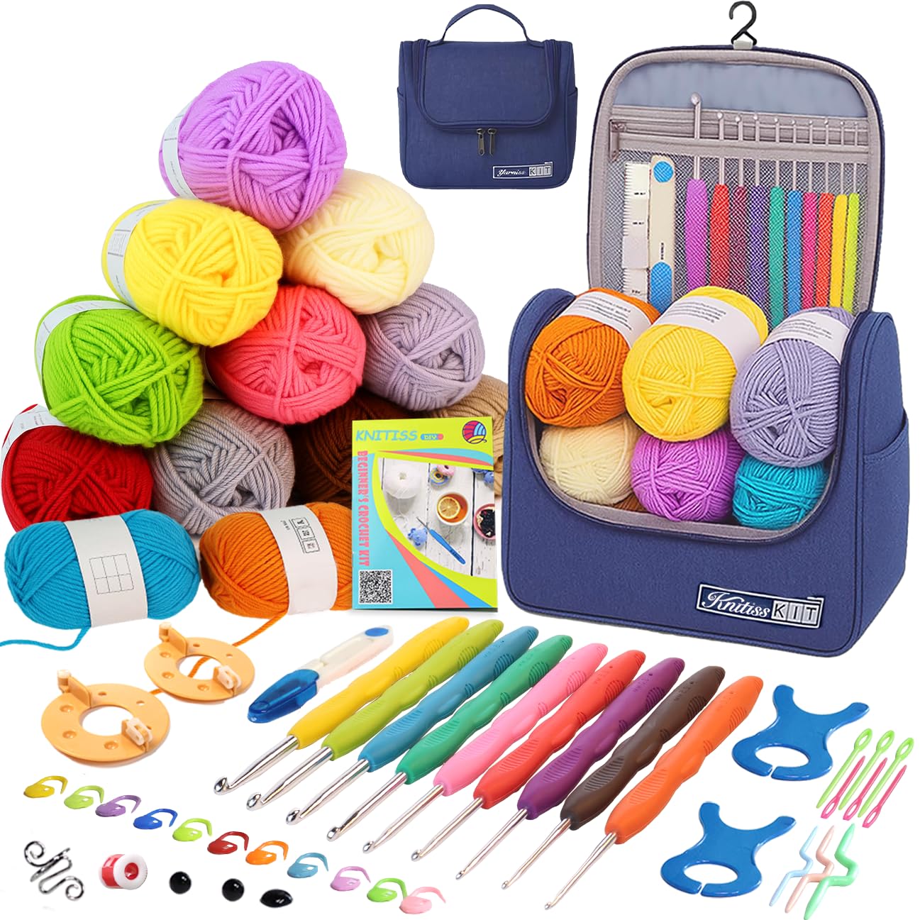 Knitiss Crochet Kit for Beginners: 12 Yarn Skeins & 9 Ergonomic Hooks