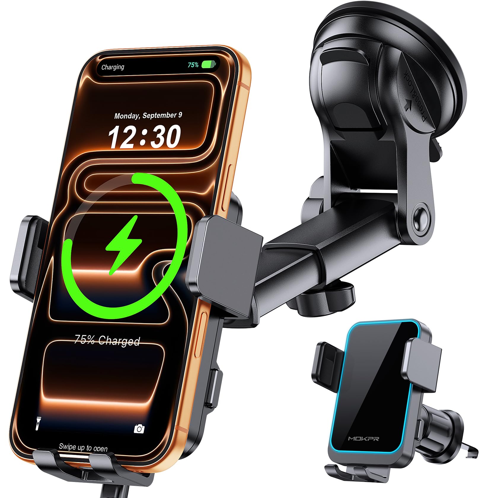 MOKPR 15W Wireless Car Phone Holder – Auto Clamping Dashboard Mount
