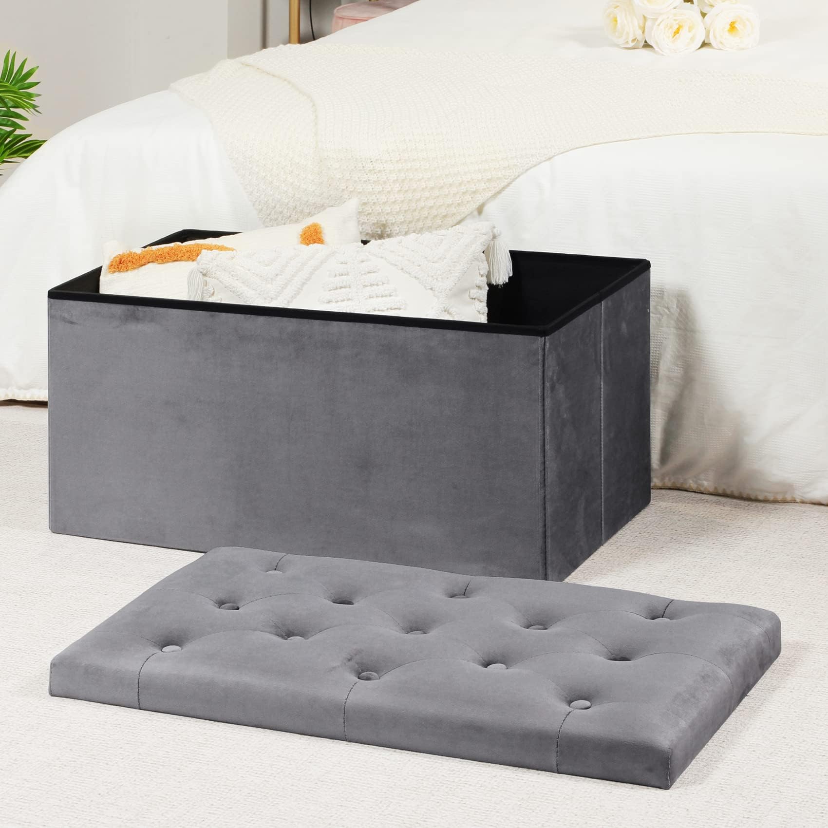 Bonlife Folding Velvet Ottoman Storage Bench | 80cm Footrest Toy Chest
