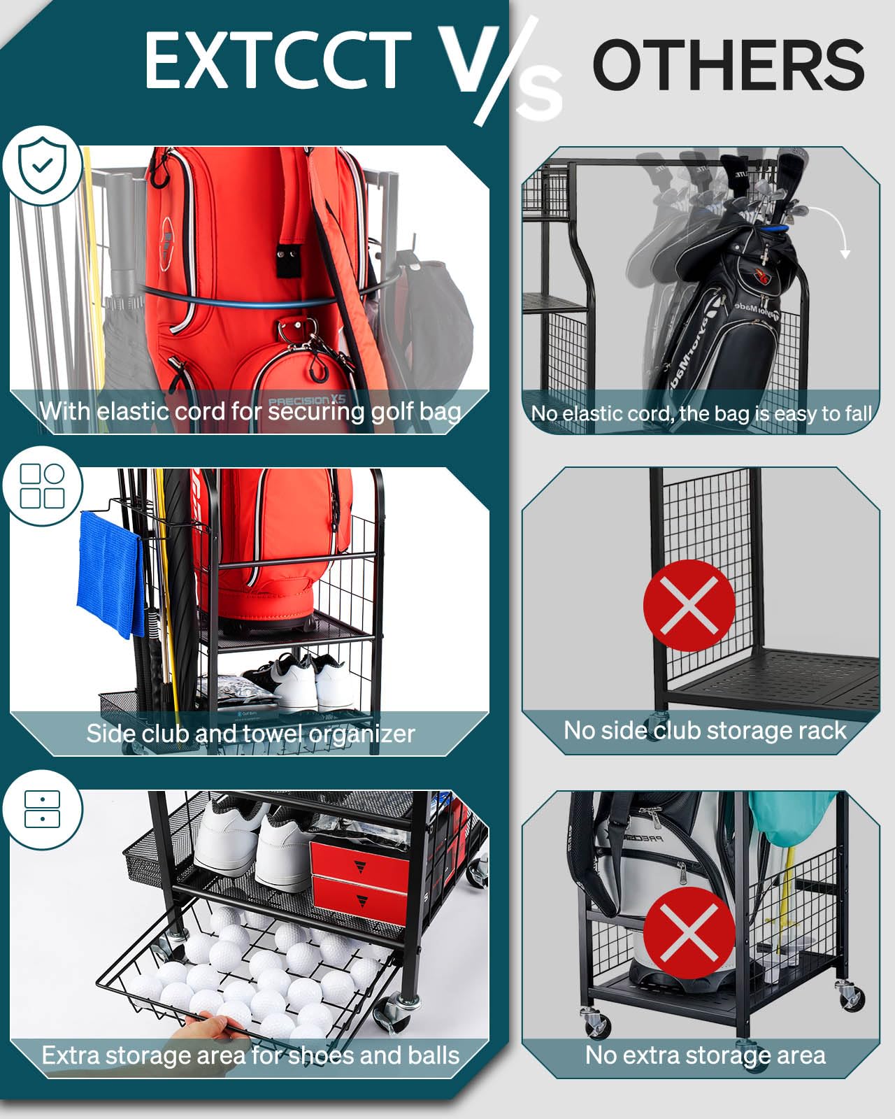 Rolling Golf Bag Storage Rack – 3-Tier Steel Garage Organizer
