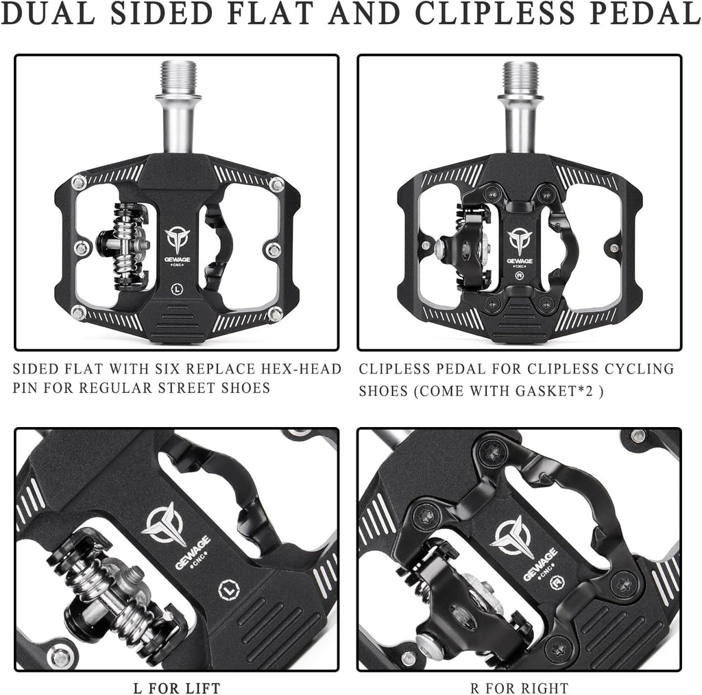 GEWAGE Dual Function MTB Pedals – SPD Compatible 3-Bearing Flat Pedals