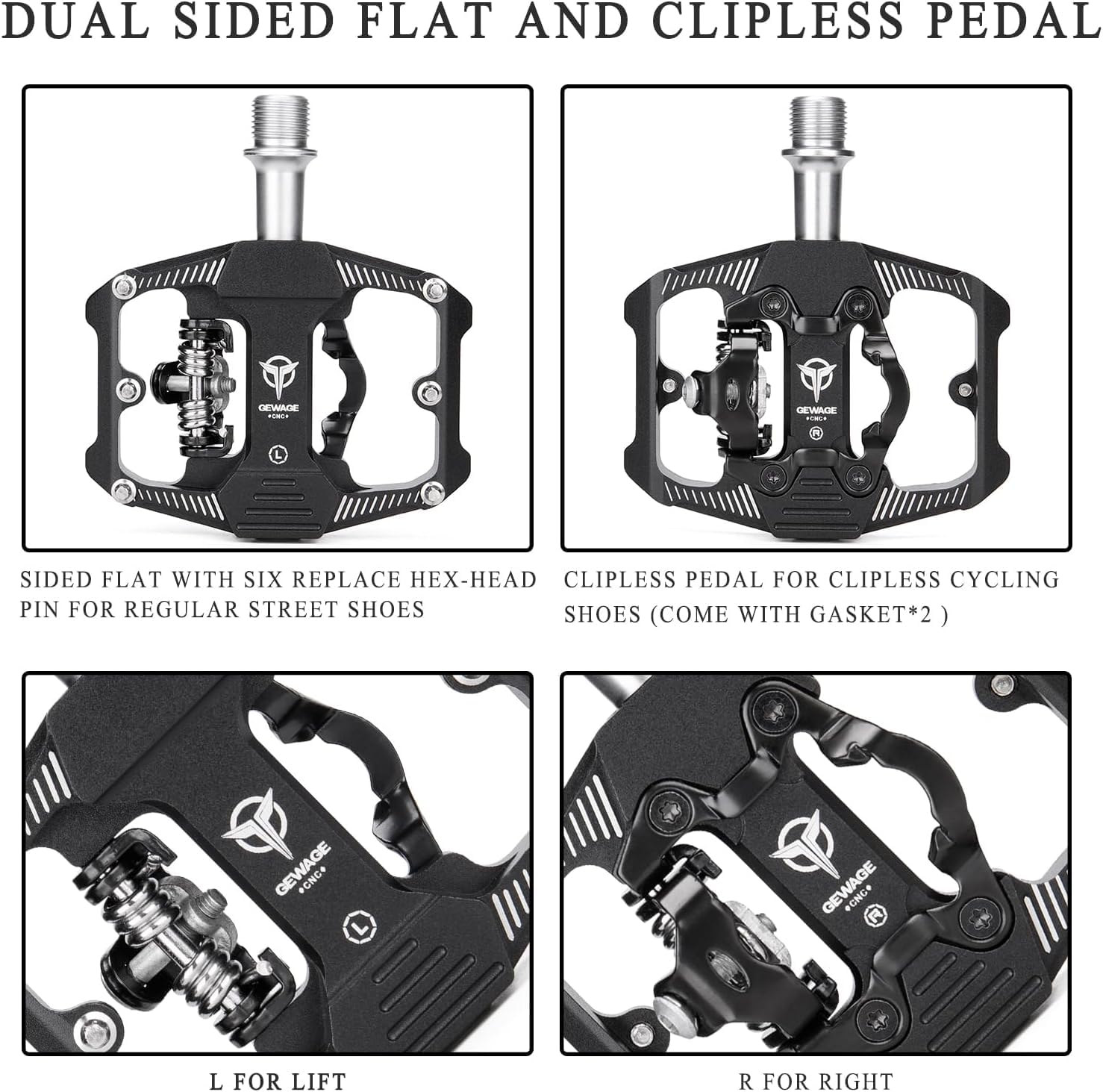 GEWAGE Dual Function MTB Pedals – SPD Compatible 3-Bearing Flat Pedals