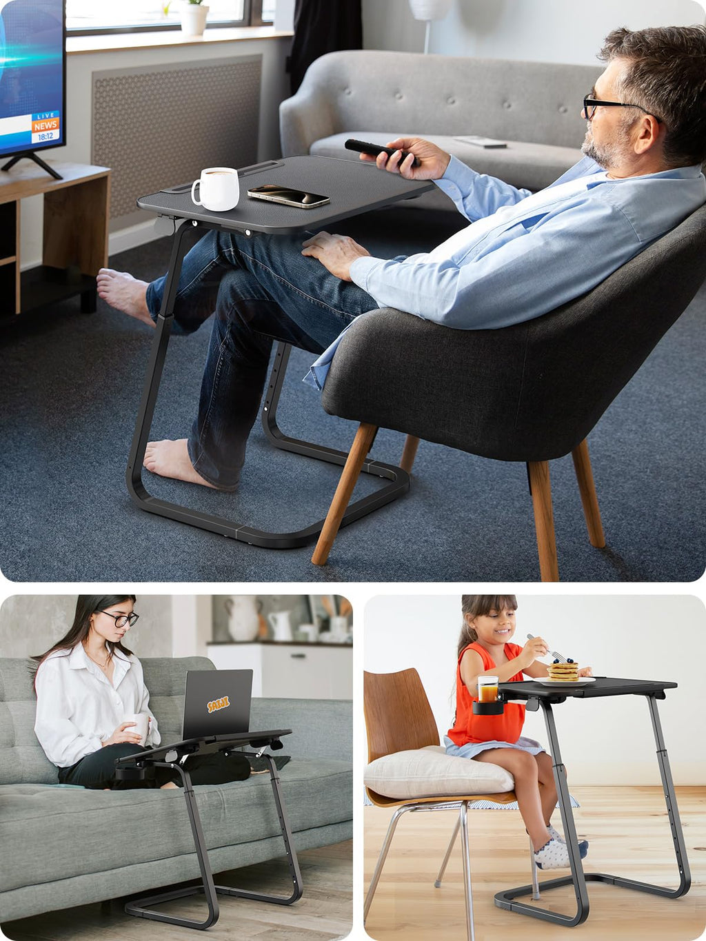 SAIJI Overbed Table – Adjustable Laptop Desk for Sofa with Tablet Slot