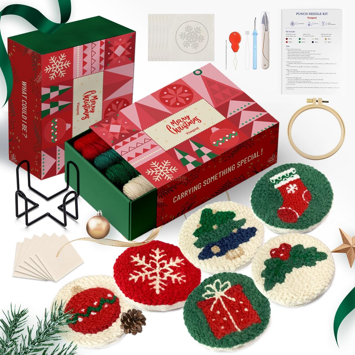 Yuegool 6PCS Christmas Punch Needle Coaster Kit | DIY Embroidery Set
