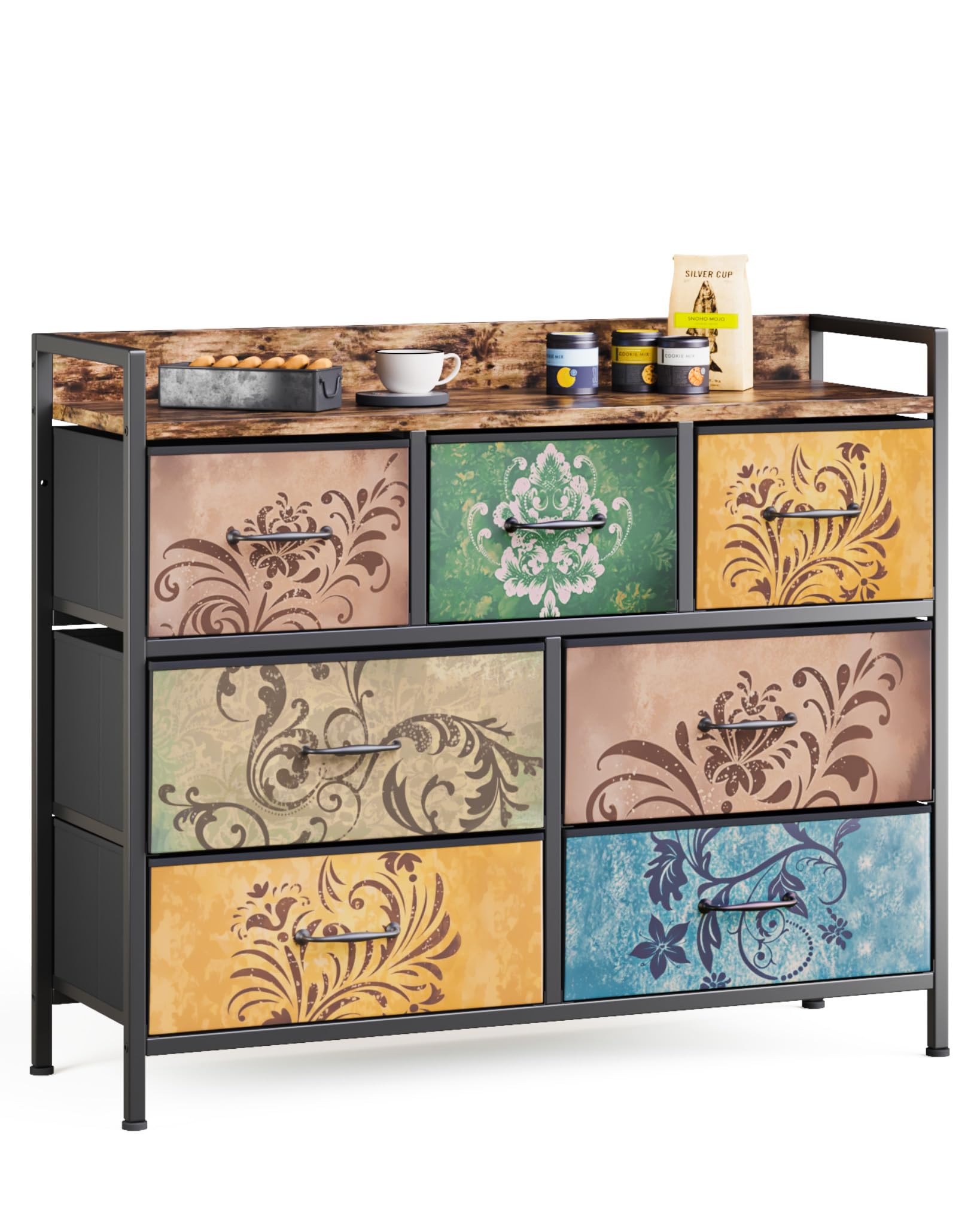 Mondeer 7-Drawer Fabric Dresser Cabinet – Rustic Brown with Retro Floral Prints