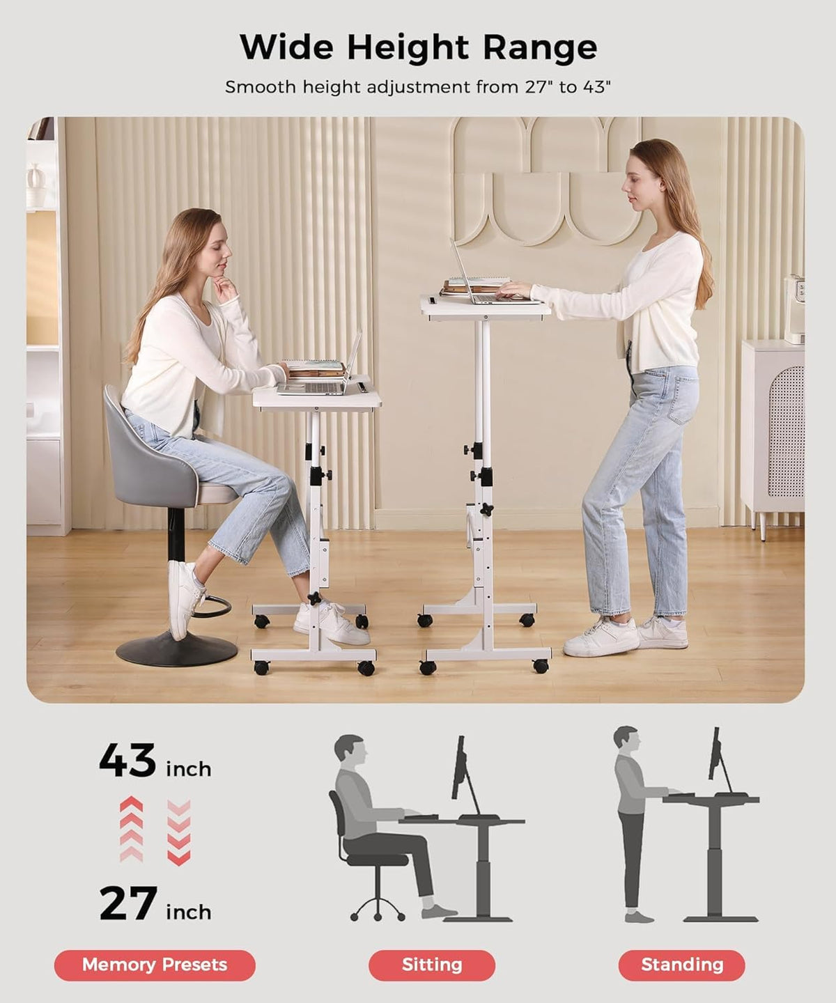 KLSMYHOKI Standing Desk Adjustable Height, Mobile Stand Up Desk with Wheels Small Computer Desks, Home Office Desk, Rolling Desks - image 3