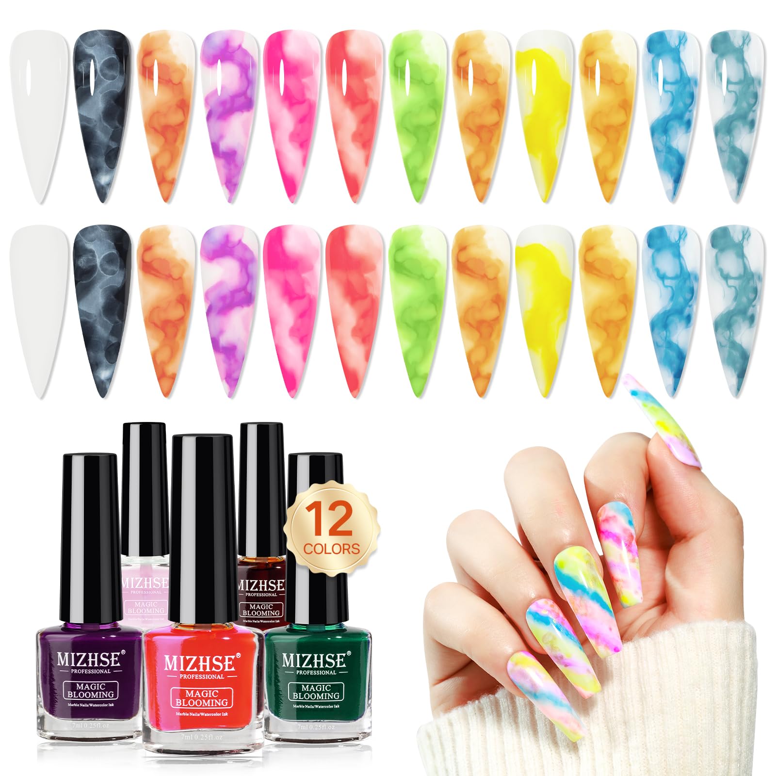 MIZHSE 12 Color Blooming Gel Nail Polish Set – Marble Watercolor Ink Kit