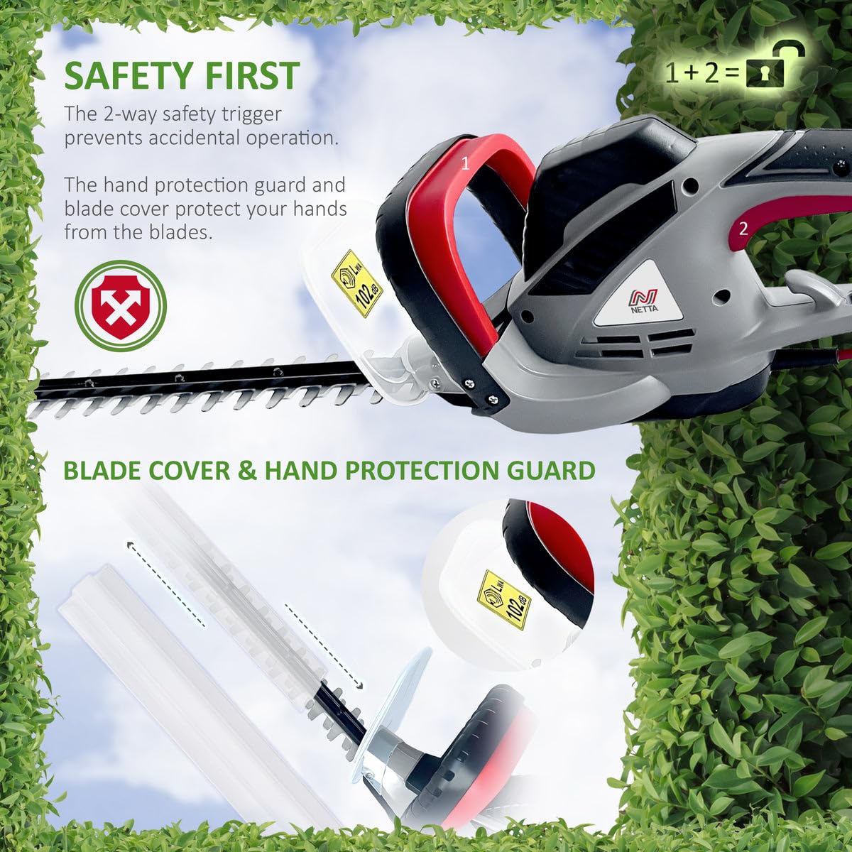 NETTA 600W Corded Hedge Trimmer – 55cm Diamond Blade Lightweight Cutter