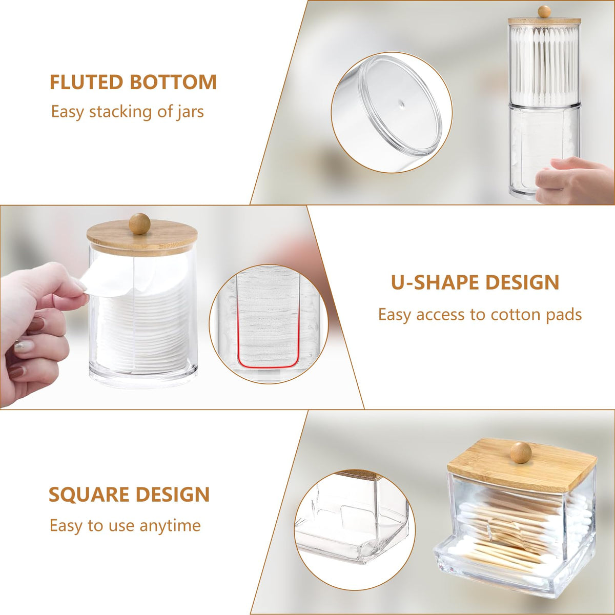 3 Pcs Cotton Pad Holder, Cotton Wool Bud/Swab/Ball Holder, with Bamboo Lid - image 3
