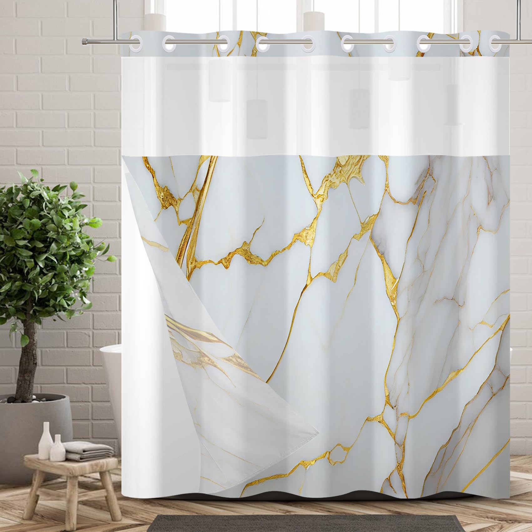 Ttincceer Hookless Shower Curtain | White Gold Marble with Snap-in Liner