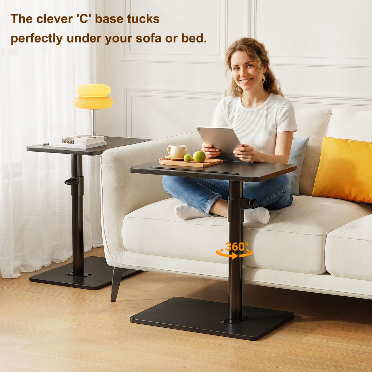 CAIYUN C Shaped Side Table, Height Adjustable Swivel 360° Rotating, Black End Table Set of 2 for Small Spaces - image 5