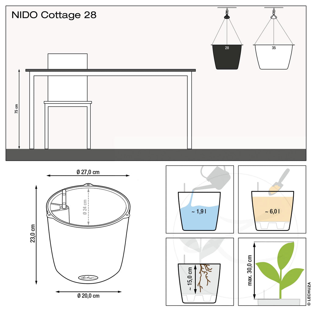 Lechuza NIDO Cottage 28 Self-Watering Hanging Planter | Rattan Look