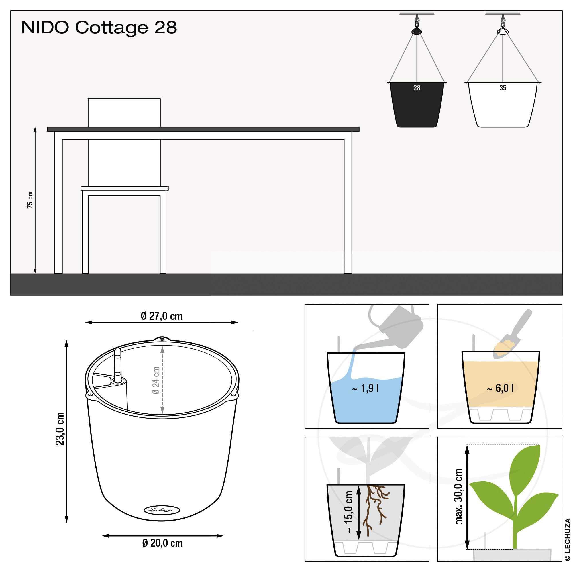 Lechuza NIDO Cottage 28 Self-Watering Hanging Planter | Rattan Look