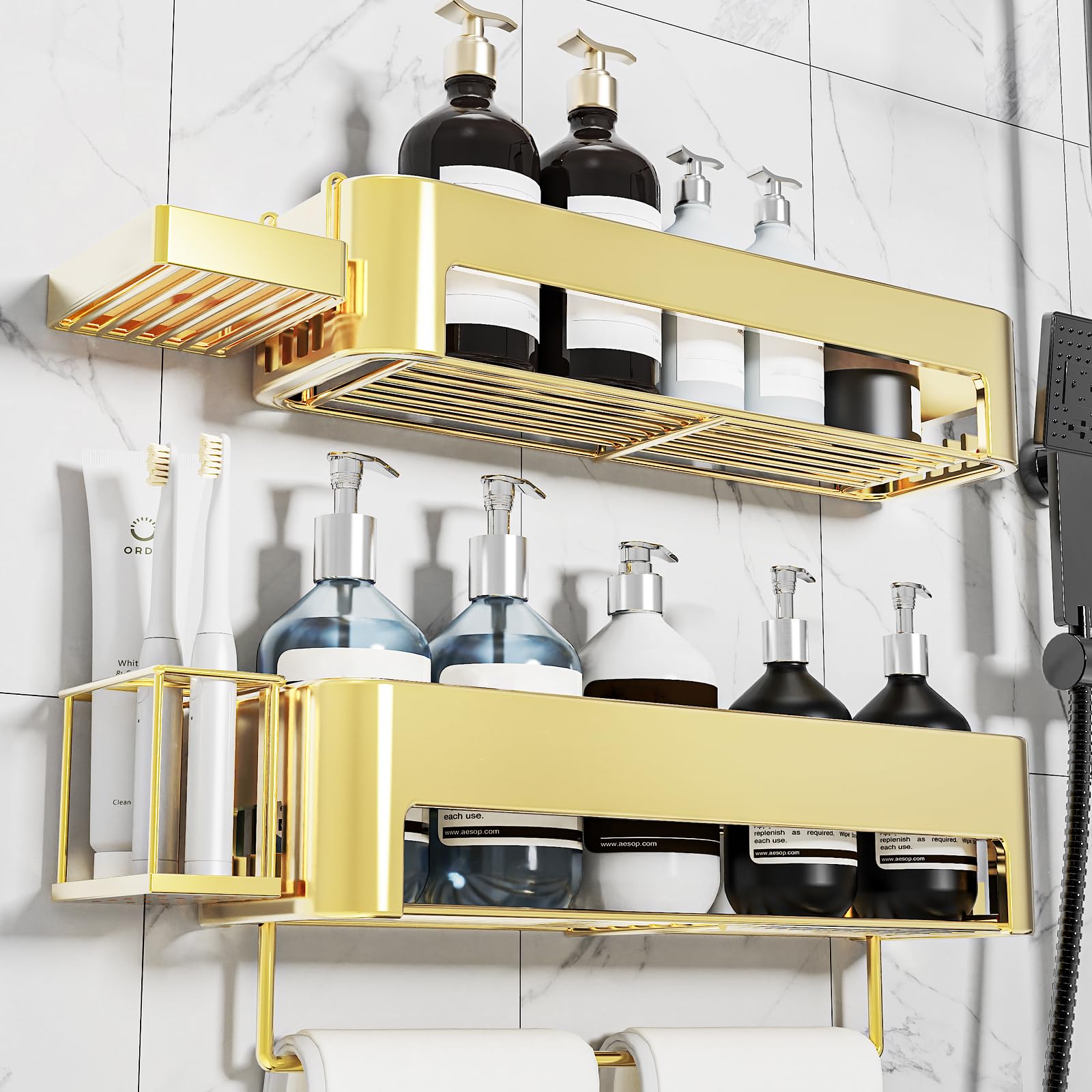 Necvha 4-Pack Shower Caddy | No-Drill Large Adhesive Bathroom Shelf – Gold