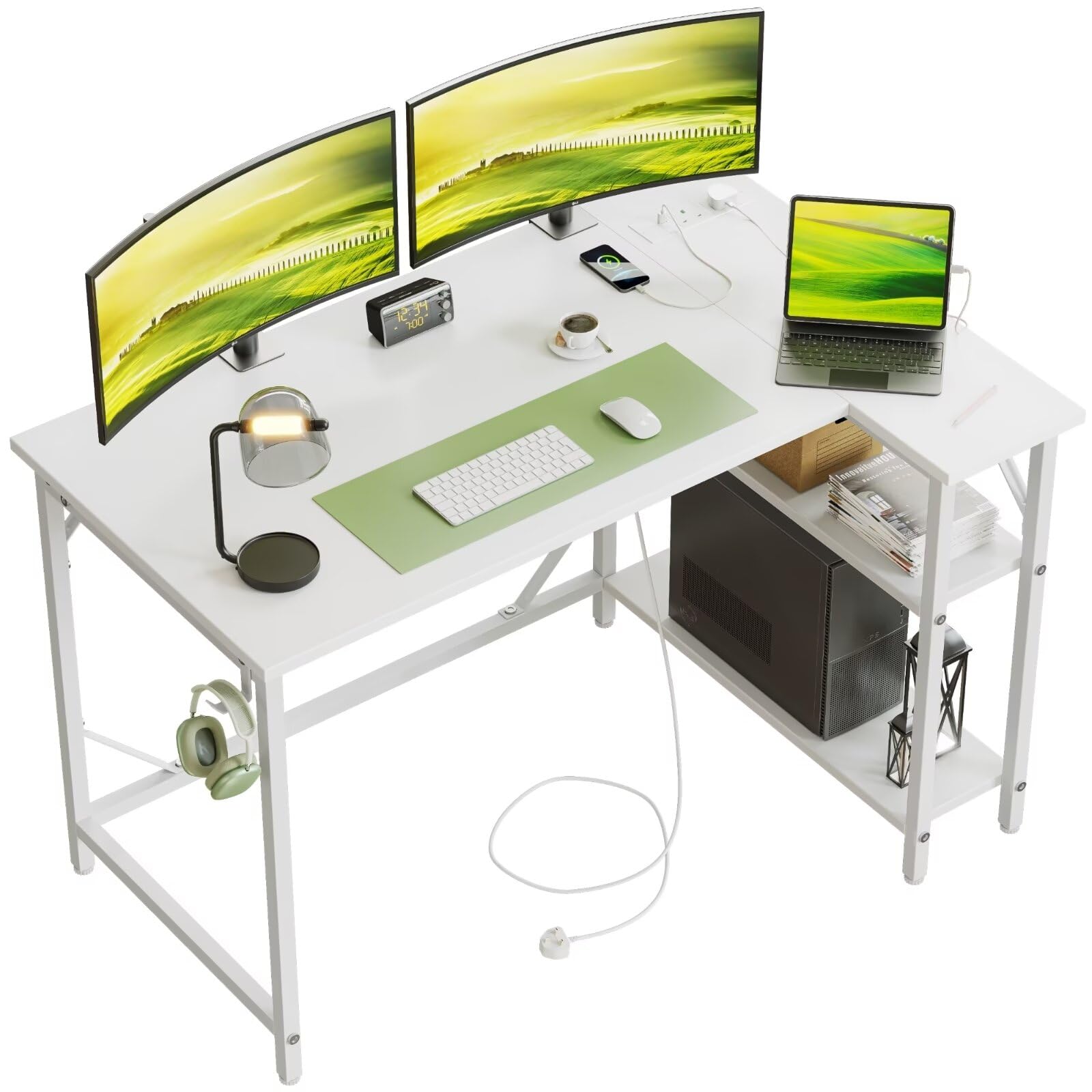 Domshoct L-Shaped Corner Desk with Power Outlets & Storage - White
