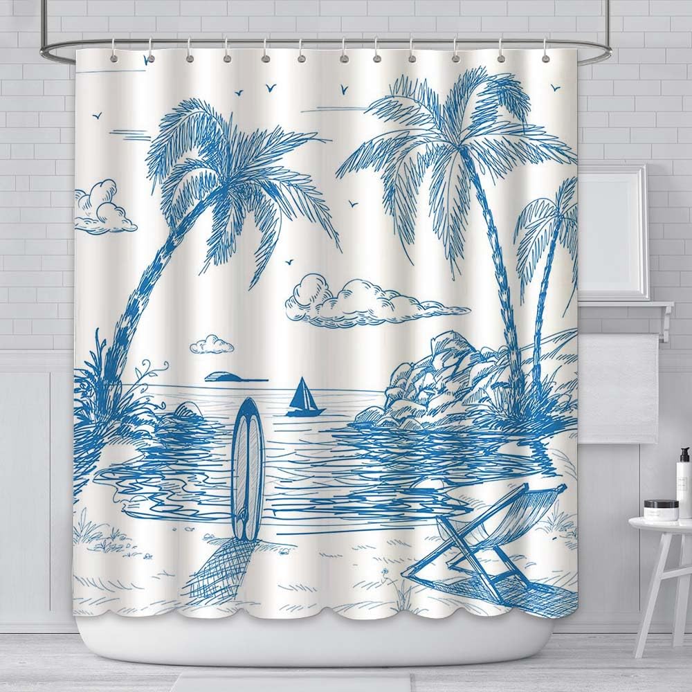 AIBIIN Surf Shower Curtain | Retro Tropical Palm Tree Beach Scene | 71x71"