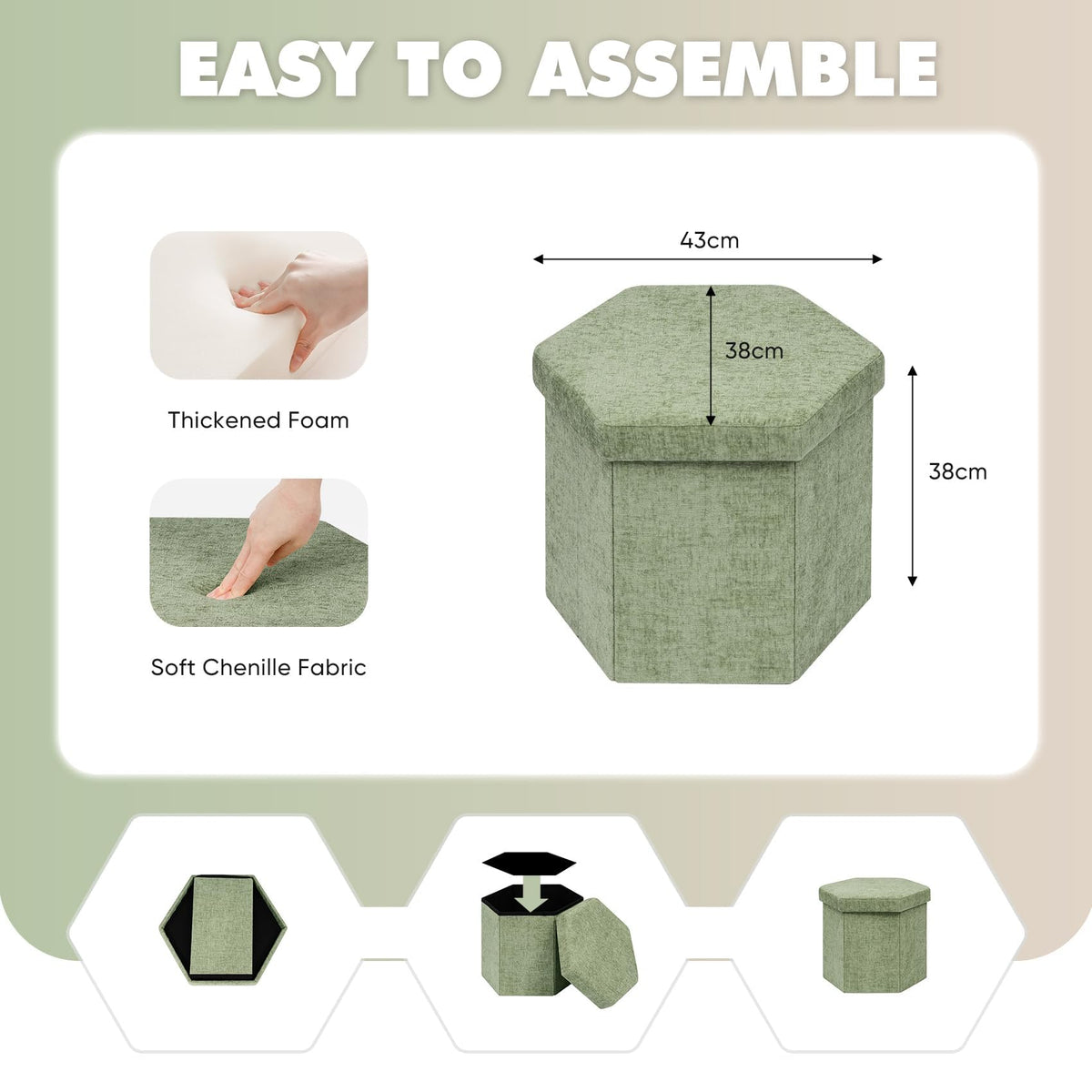 Bonlife Folding Storage Ottoman Hexagonal, Footrest with Toy Ches Box, 43cm - image 2