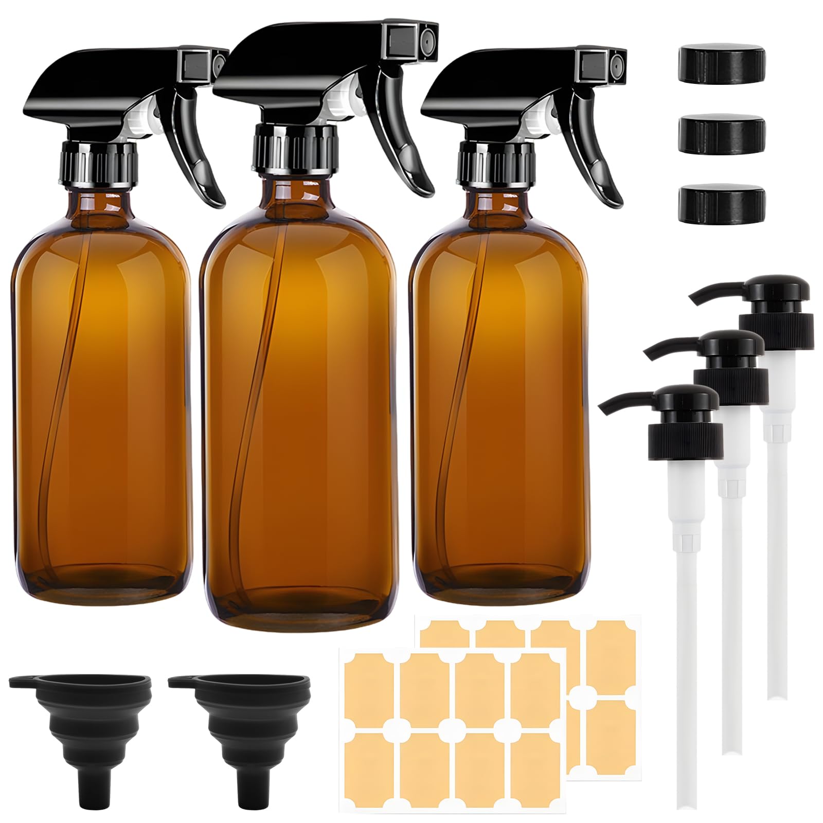 Amber Glass Spray Bottles 500ml – 3 Pack for Cleaning