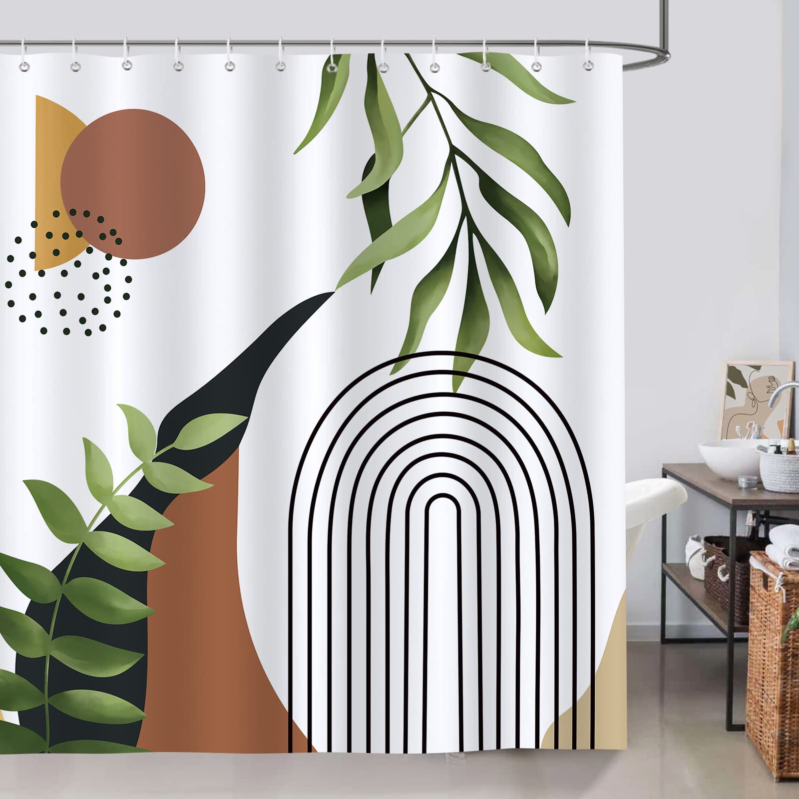 Bonhause Boho Green Leaf Shower Curtain | Waterproof Polyester, 180x180cm