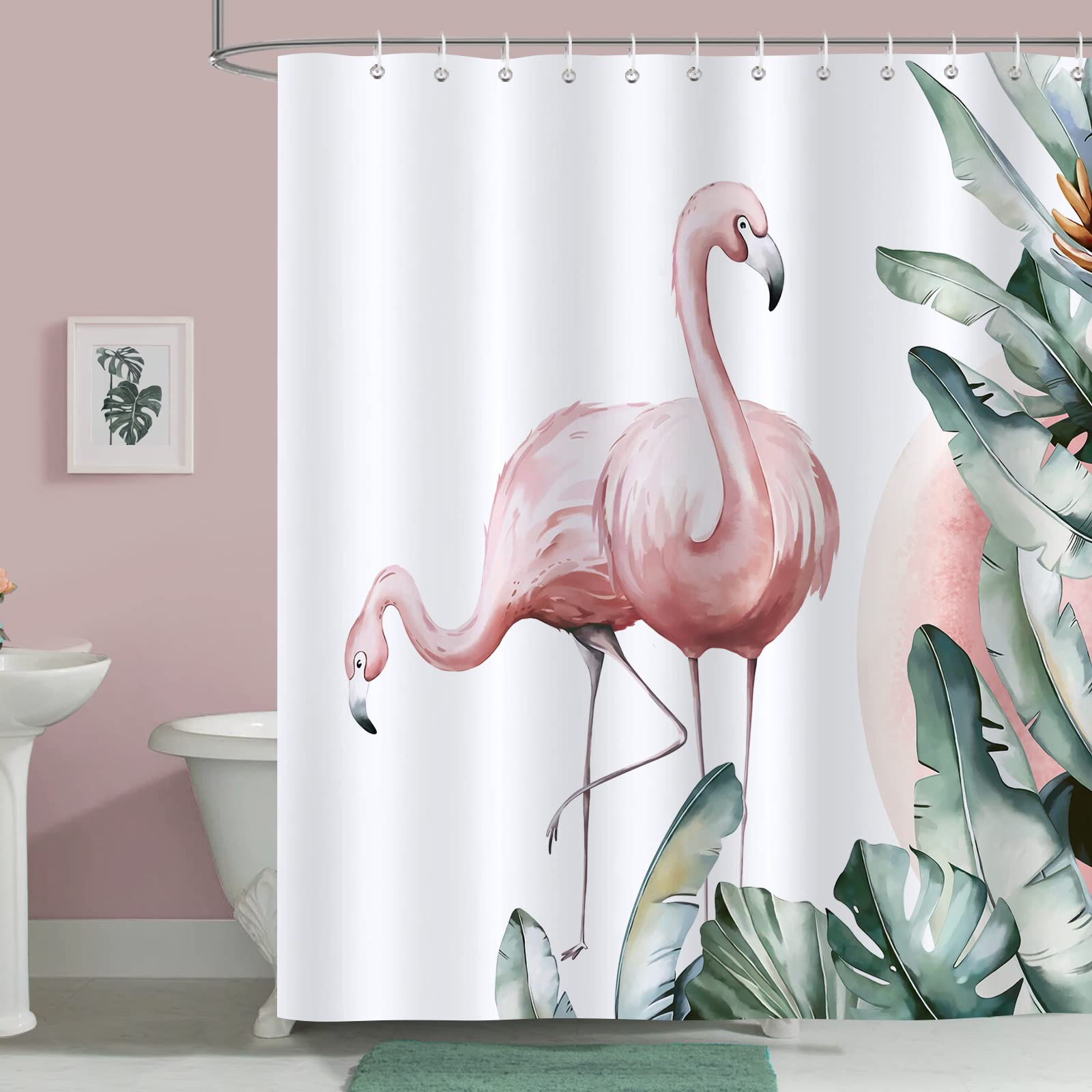 Bonhause Pink Flamingo Shower Curtain | Tropical Leaves Polyester – 180x180cm