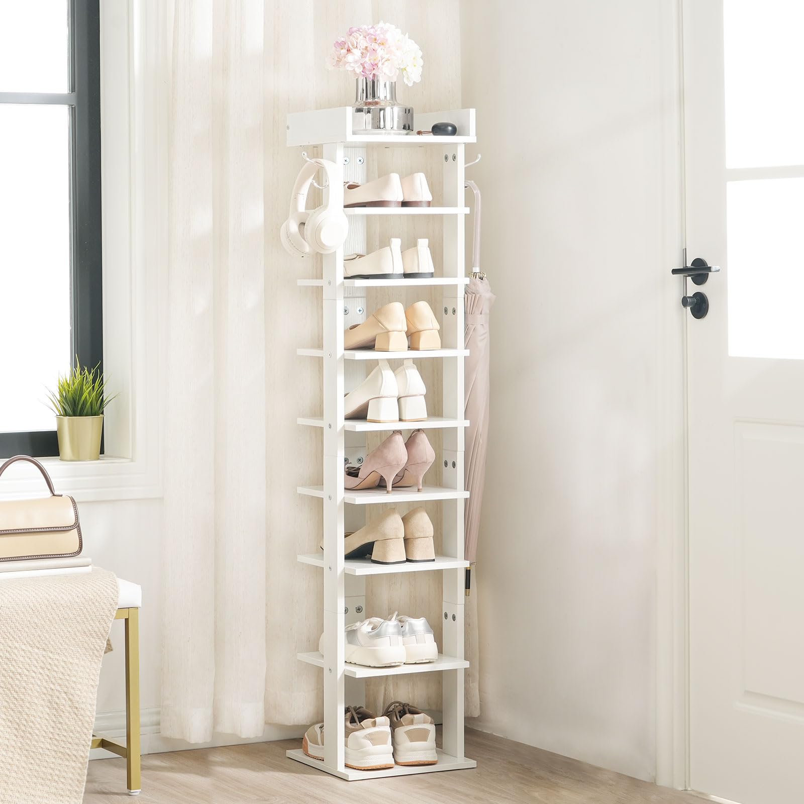 HOOBRO 9-Tier Narrow Shoe Rack | Tall Wooden Vertical Storage with Hooks
