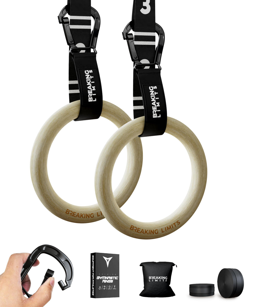 BREAKING LIMITS Birch Wood Gymnastics Rings with Adjustable Straps