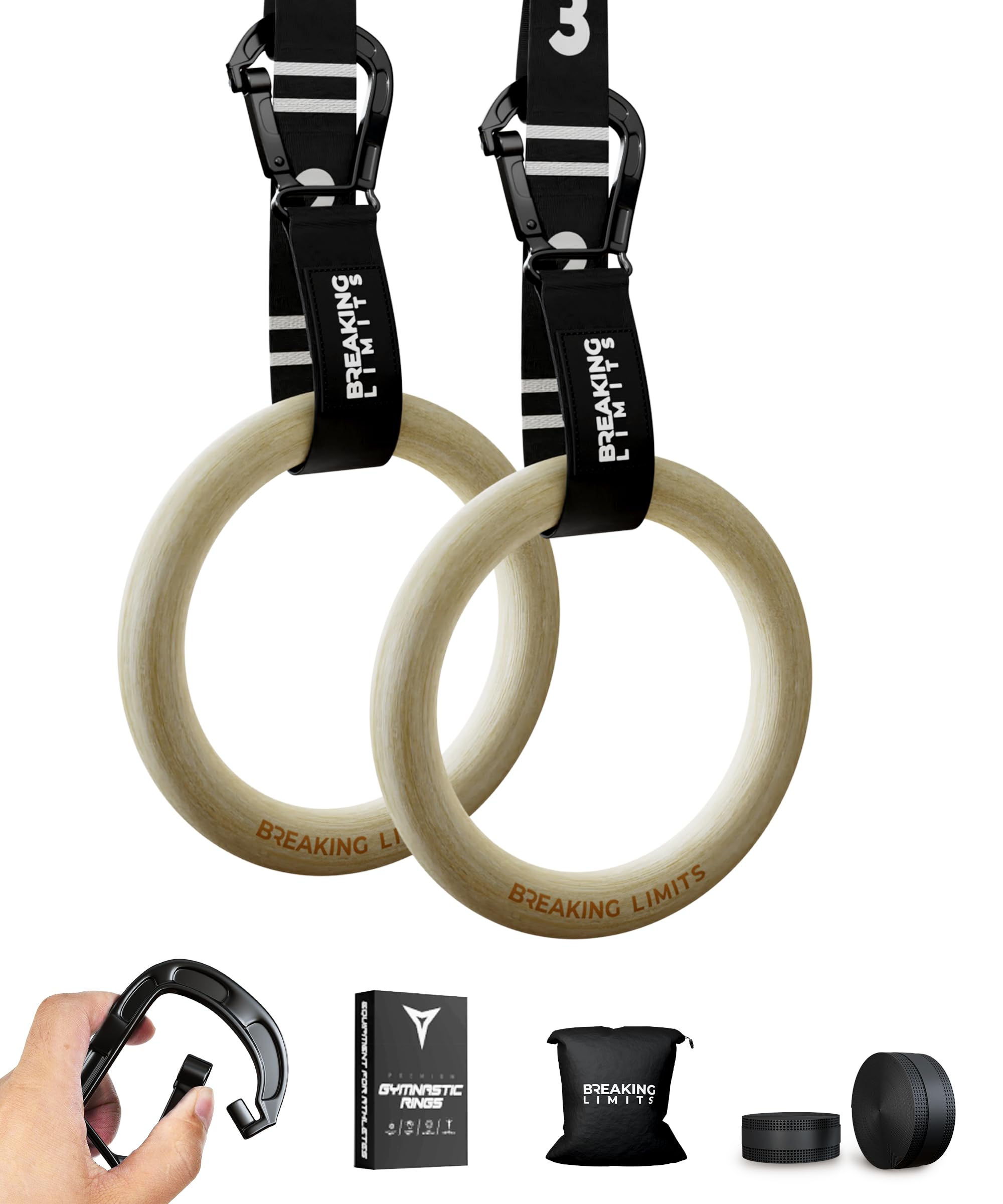 BREAKING LIMITS Birch Wood Gymnastics Rings with Adjustable Straps