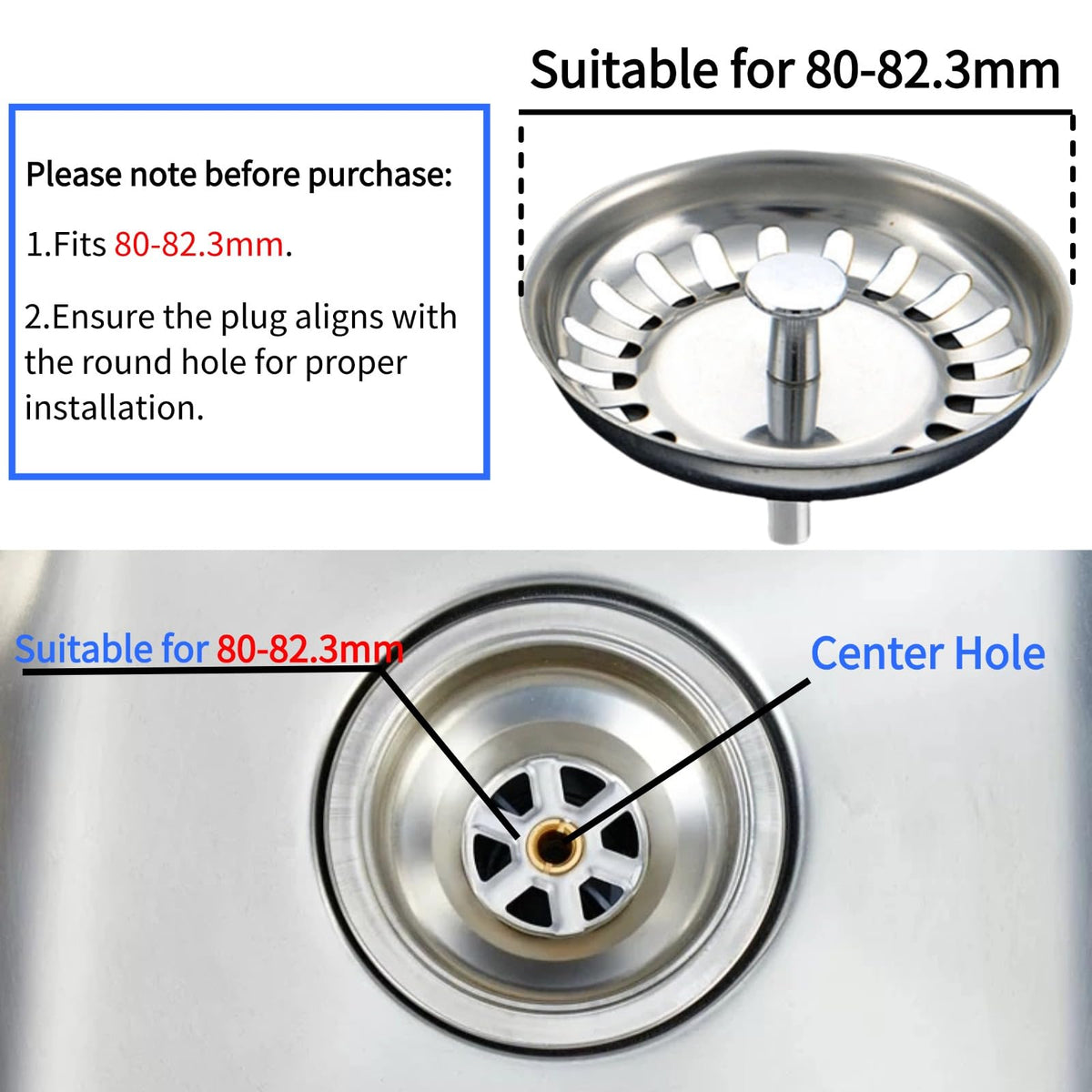 InYoHui 2 Pack Kitchen Sink Plug Strainer Stainless Steel 80mm UK Sinks - image 3
