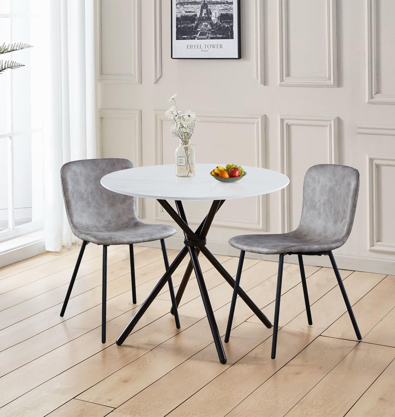 Hallowood Cullompton Round Marble Dining Table and 2 Taupe Chairs