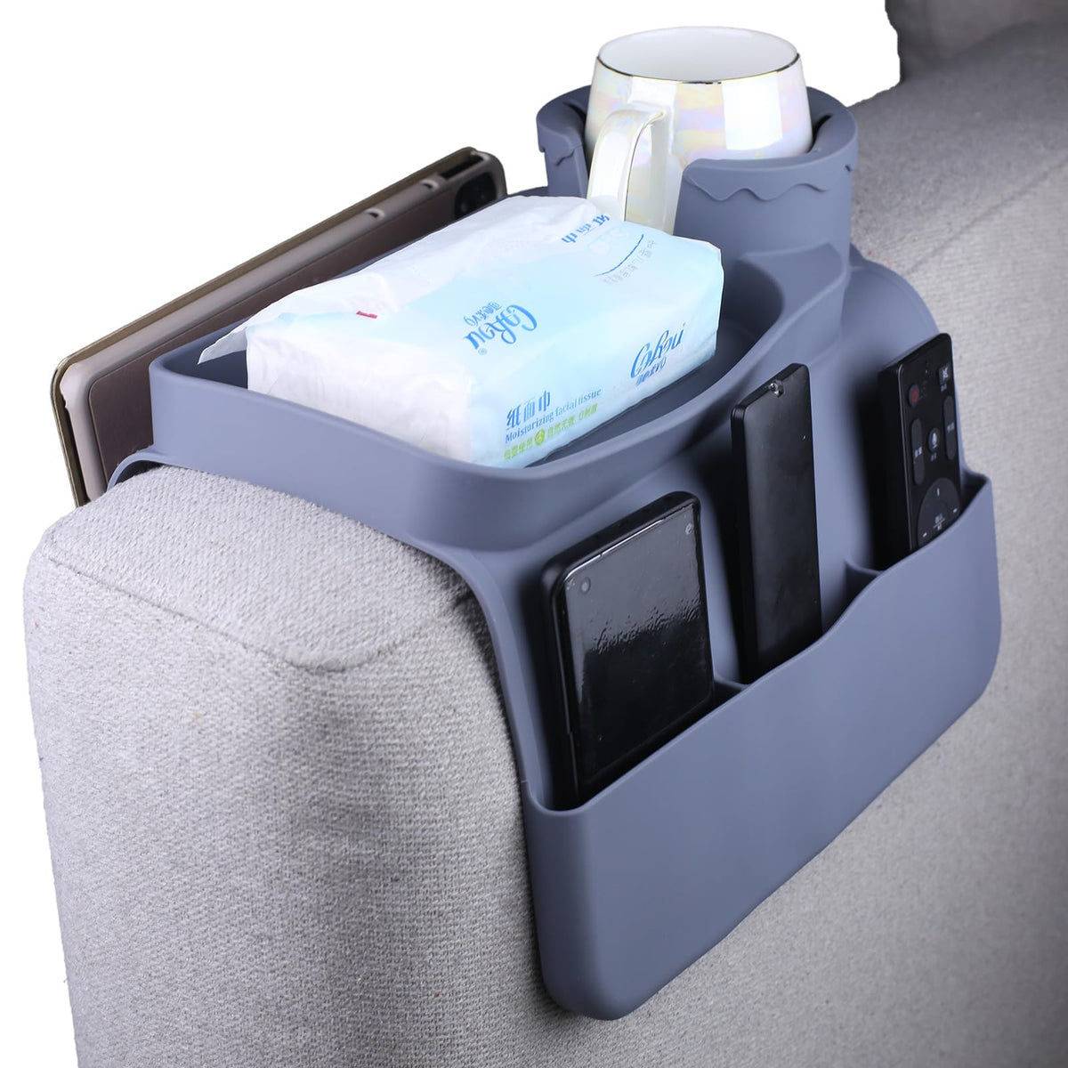 DLBTWDOYLS Silicone Sofa Cup Holder Tray, Non-slip Sofa Armrest Cup Holder with Side Pockets, Multi-functional Sofa Armrest Organiser - image 1