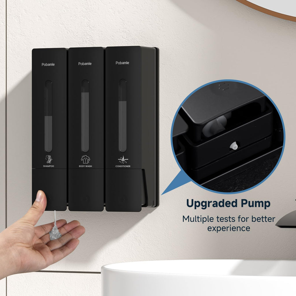 3-Chamber Wall Mounted Shower Soap Dispenser - 3x400ml Black