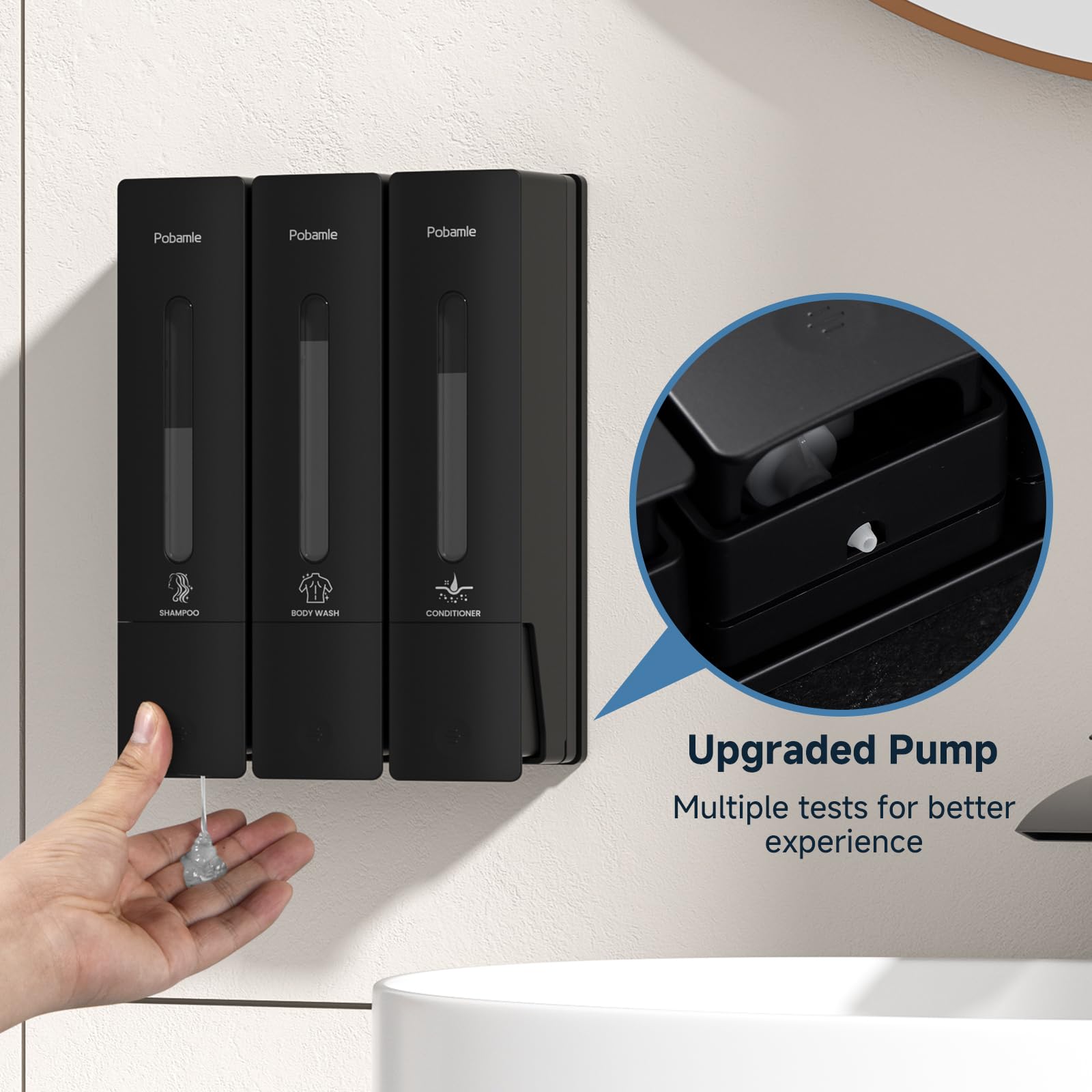 3-Chamber Wall Mounted Shower Soap Dispenser - 3x400ml Black