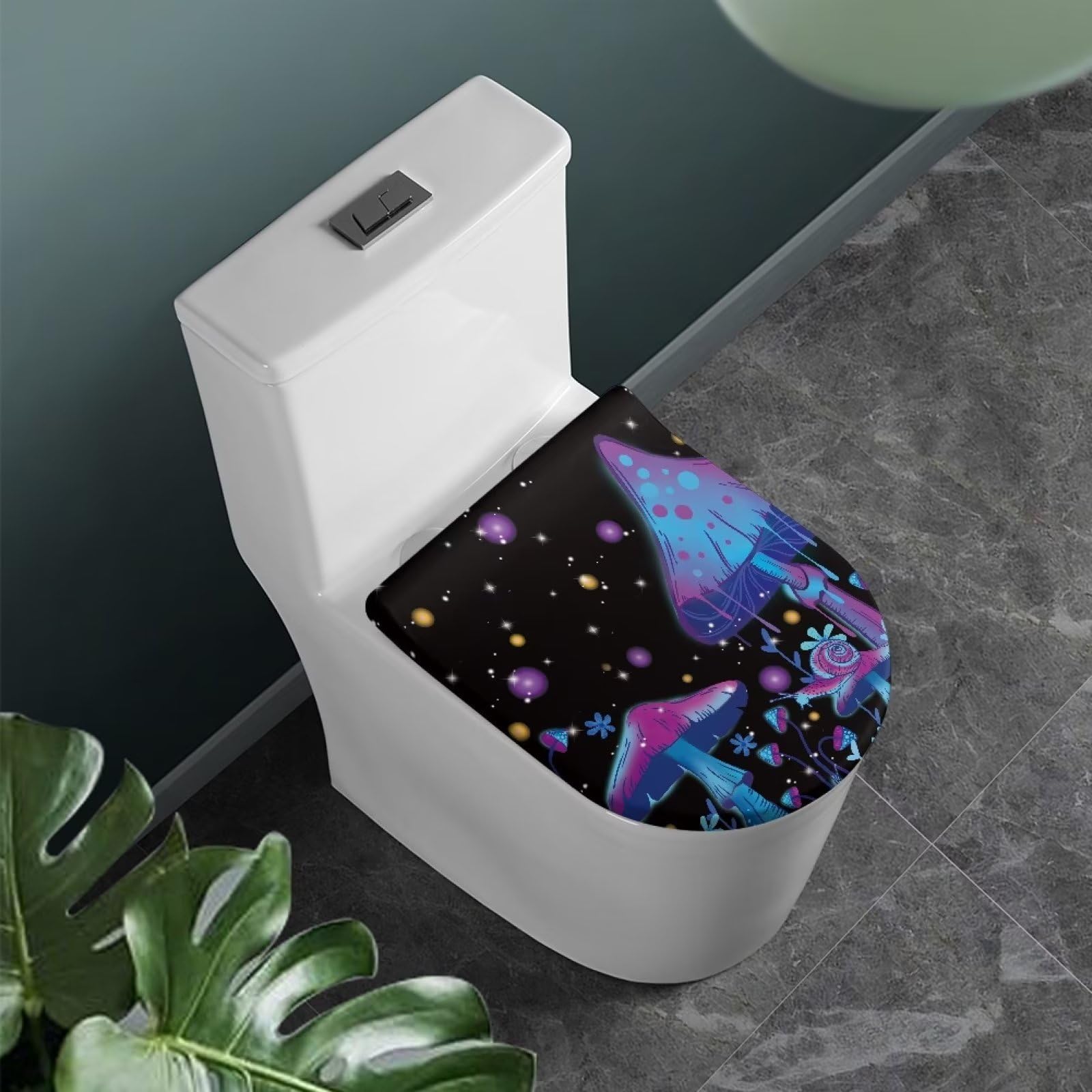 COEQINE Blue Neon Mushroom Toilet Lid Cover Set | Washable Polyester