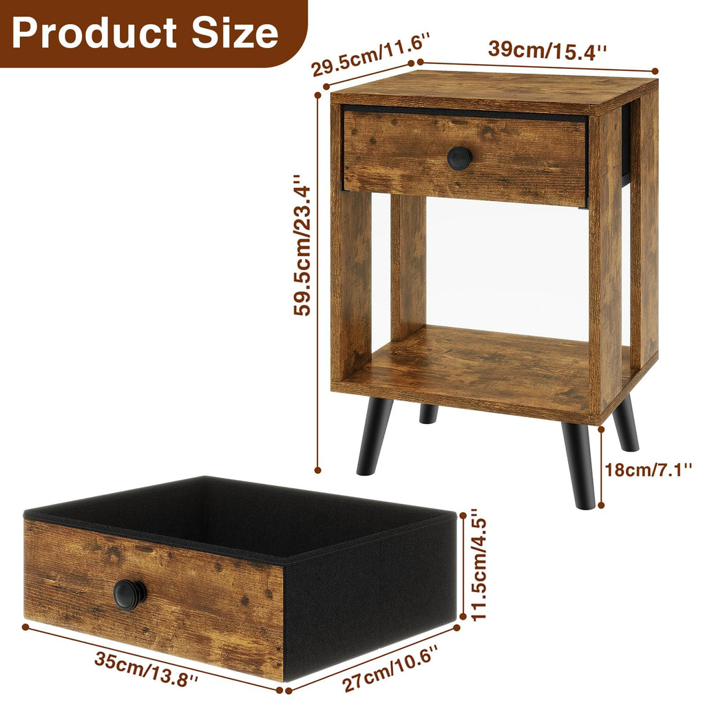 YMYNY Set of 2 Side Tables, Bedside Table, Sofa End Table, with Fabric Drawers and Open Shelf Unit, Solid Wood Legs, Nightstand, for Bedroom - image 2