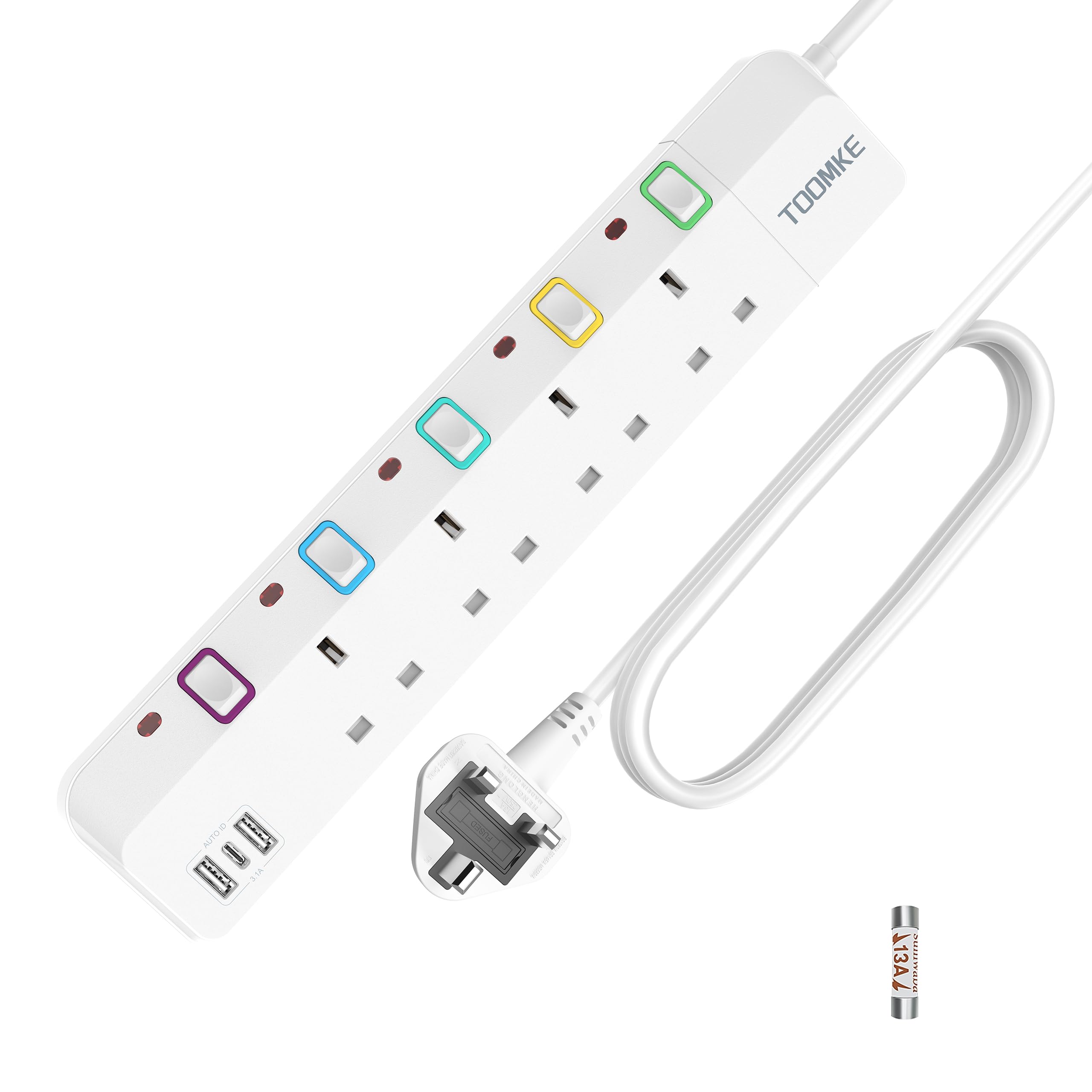10M Extension Lead: 4 Way Power Strip with 3 USB Ports