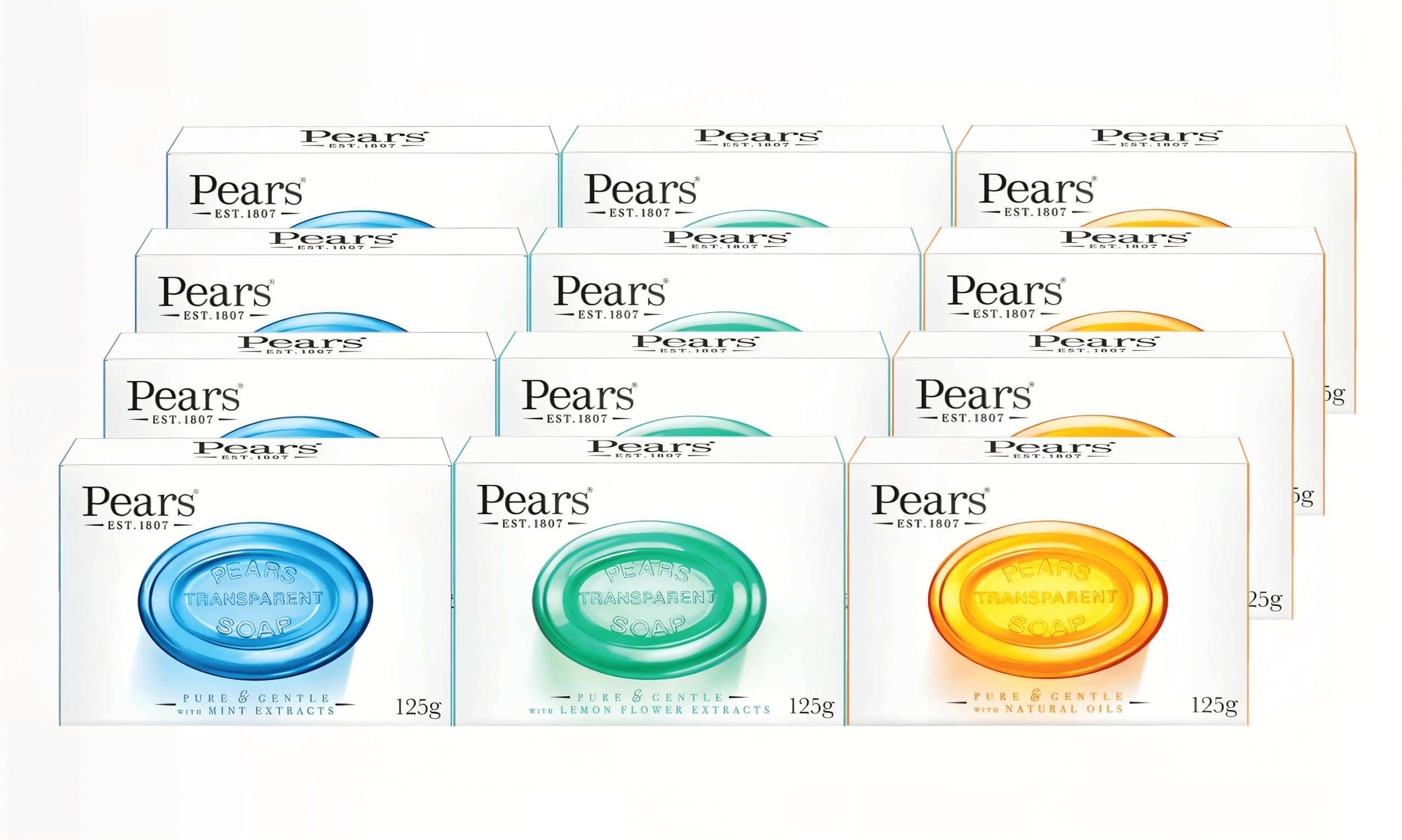 Pears Transparent Soap Multipack - Natural Oils, Mint & Lemon - 12 Pack